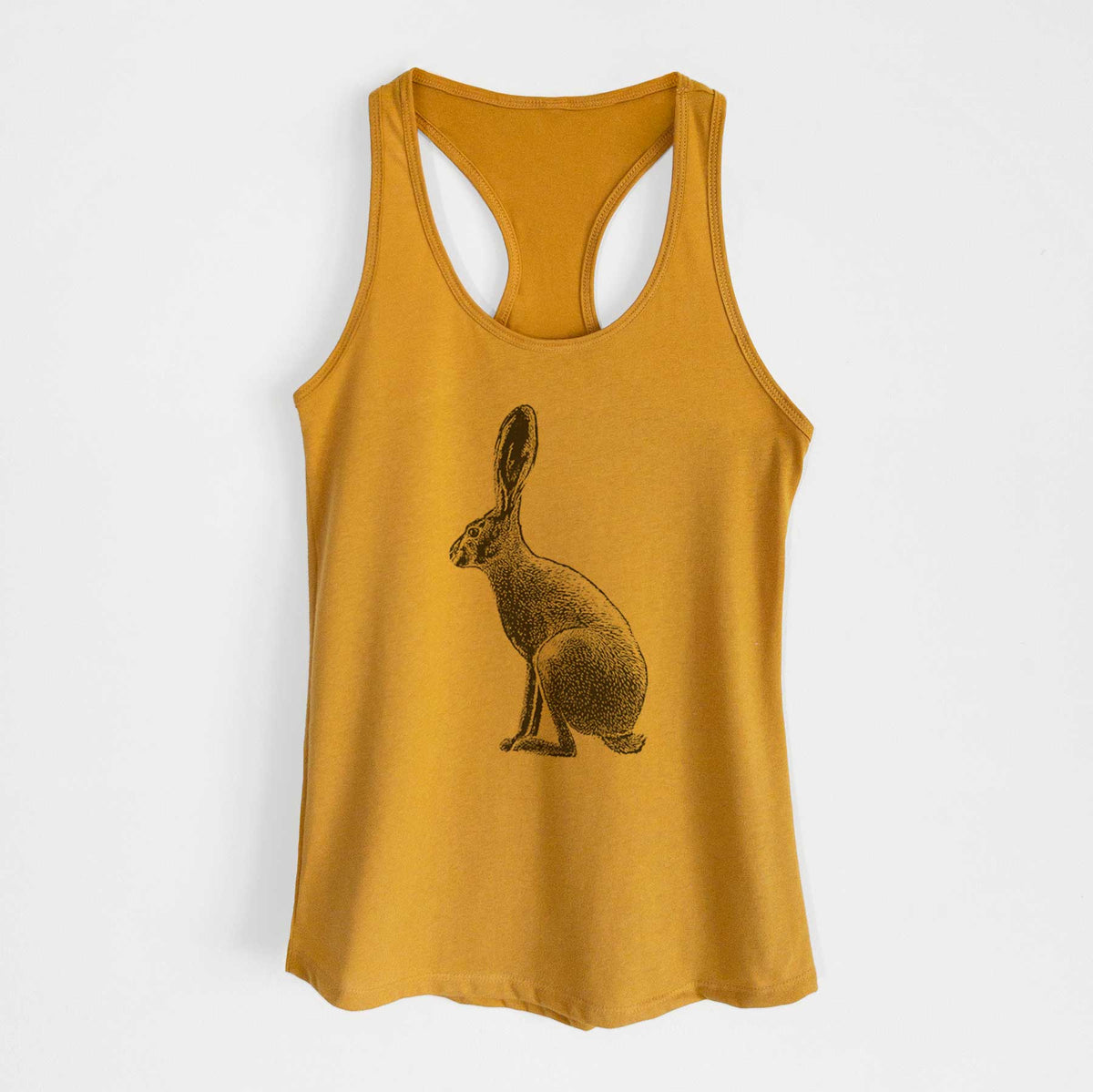 Gold women's racerback tank top laid flat, printed with a detailed black ink illustration of a black-tailed jackrabbit sitting in profile with tall ears.