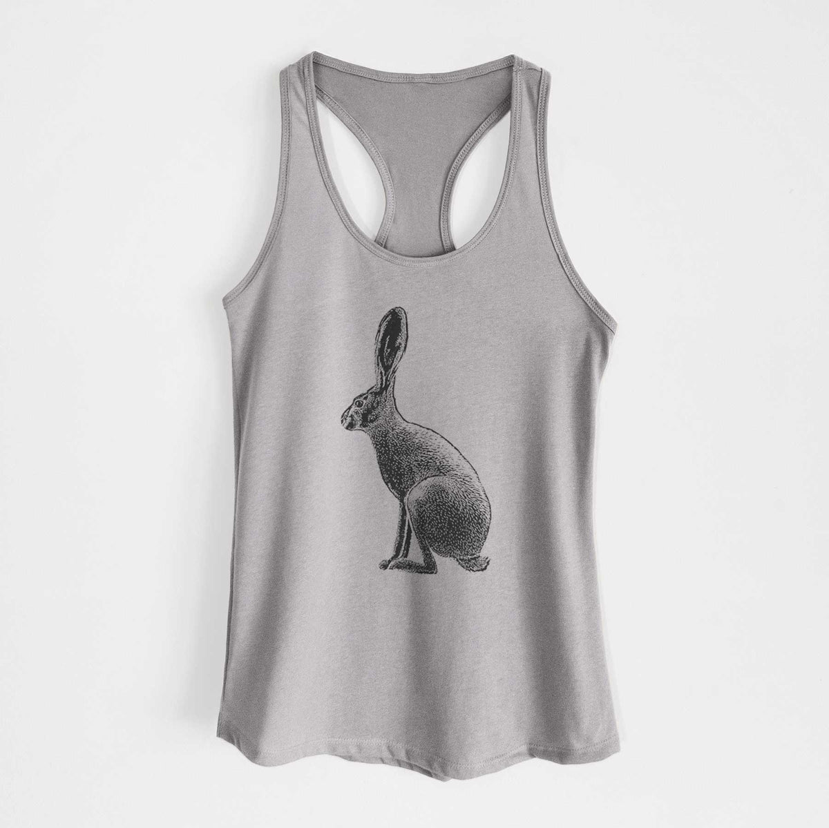 Heather grey women's racerback tank top laid flat, printed with a detailed black ink illustration of a black-tailed jackrabbit sitting in profile with tall ears.