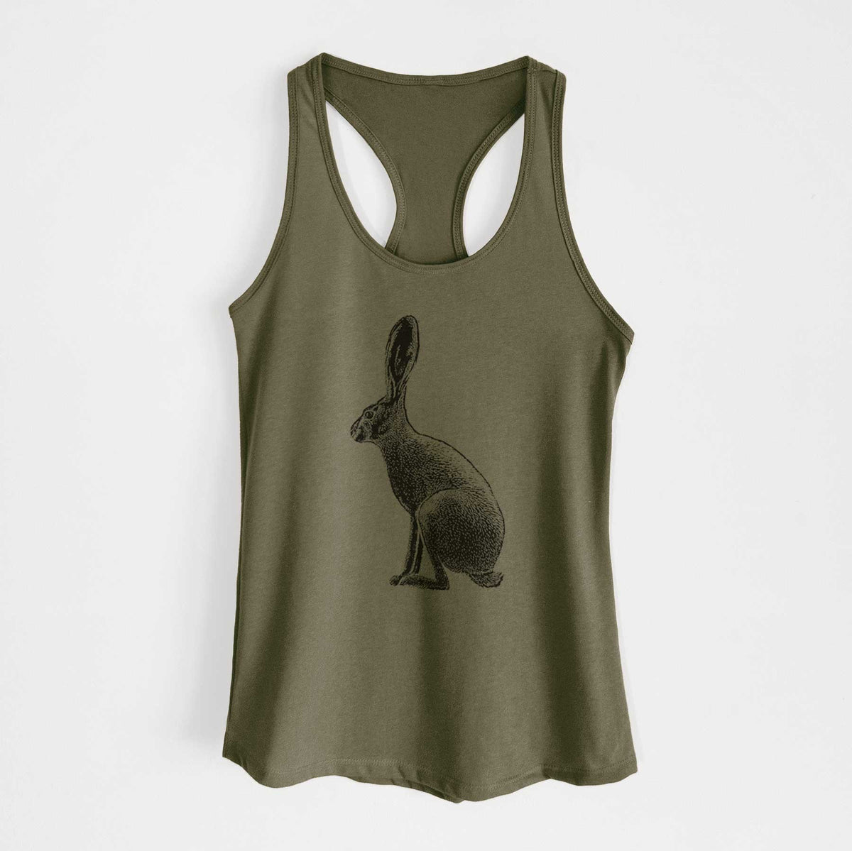 Military green women's racerback tank top laid flat, printed with a detailed black ink illustration of a black-tailed jackrabbit sitting in profile with tall ears.