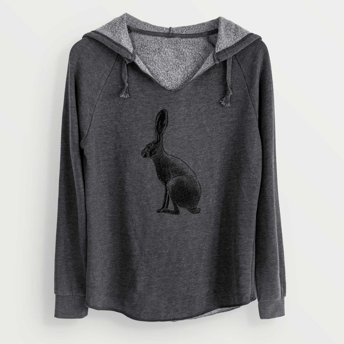 Charcoal grey women's Cali Wave hooded sweatshirt laid flat, printed with a detailed black ink illustration of a black-tailed jackrabbit sitting in profile with tall ears.