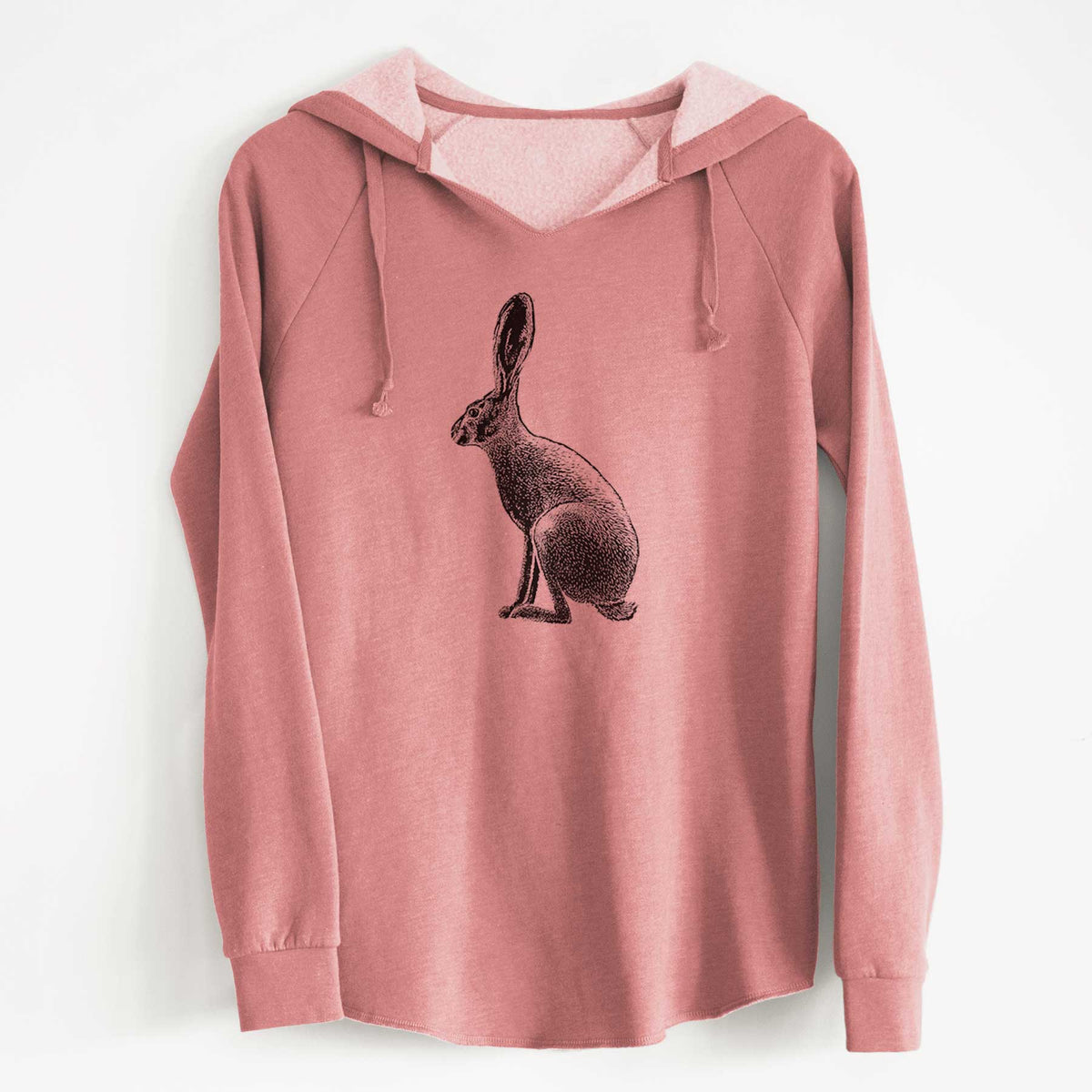 Dusty rose women's Cali Wave hooded sweatshirt laid flat, printed with a detailed black ink illustration of a black-tailed jackrabbit sitting in profile with tall ears.