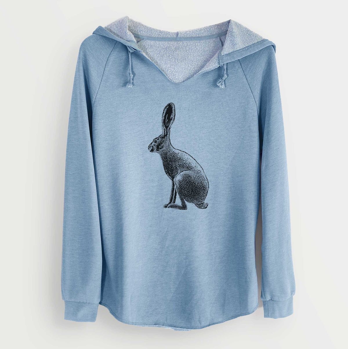 Misty blue women's Cali Wave hooded sweatshirt laid flat, printed with a detailed black ink illustration of a black-tailed jackrabbit sitting in profile with tall ears.
