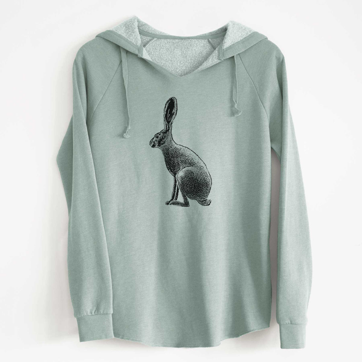 Sage green women's Cali Wave hooded sweatshirt laid flat, printed with a detailed black ink illustration of a black-tailed jackrabbit sitting in profile with tall ears.