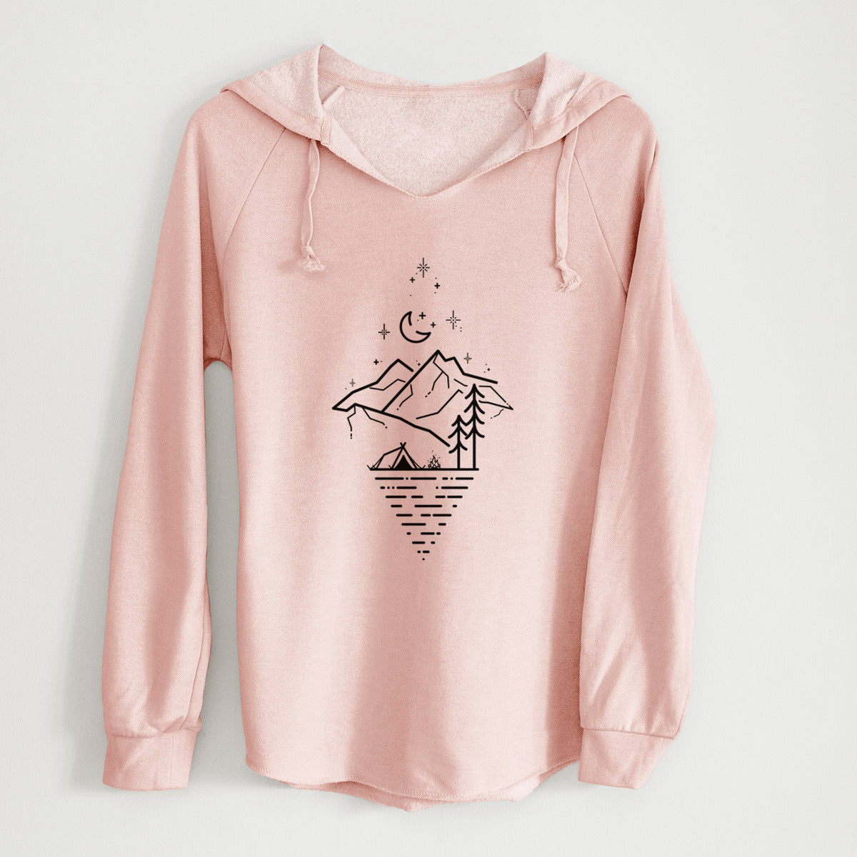 Blush pink women's Cali Wave hooded sweatshirt laid flat, printed with black line art of mountains, pine trees, a crescent moon and stars above a lake inside a diamond outline.