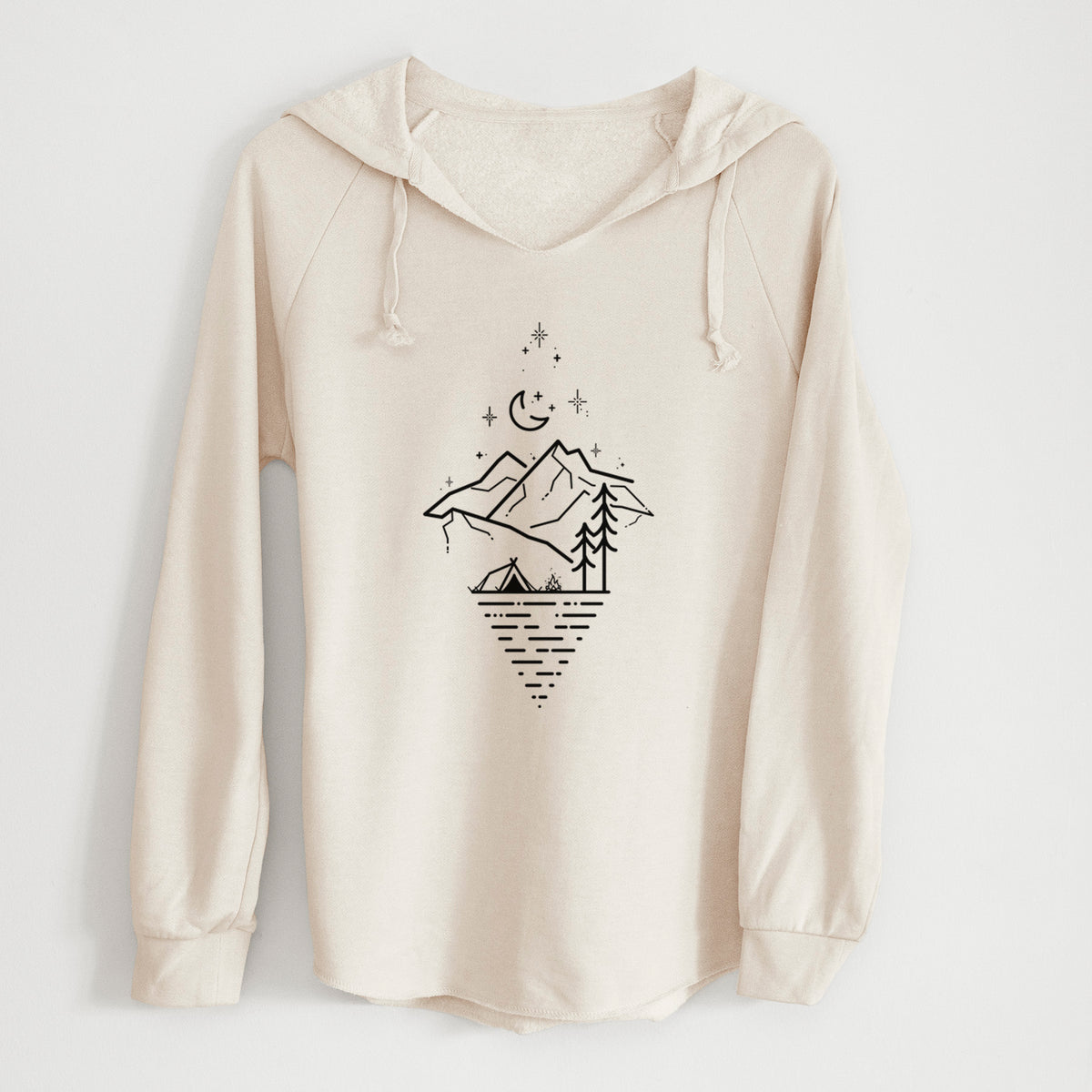 Bone cream women's Cali Wave hooded sweatshirt laid flat, printed with black line art of mountains, pine trees, a crescent moon and stars above a lake inside a diamond outline.