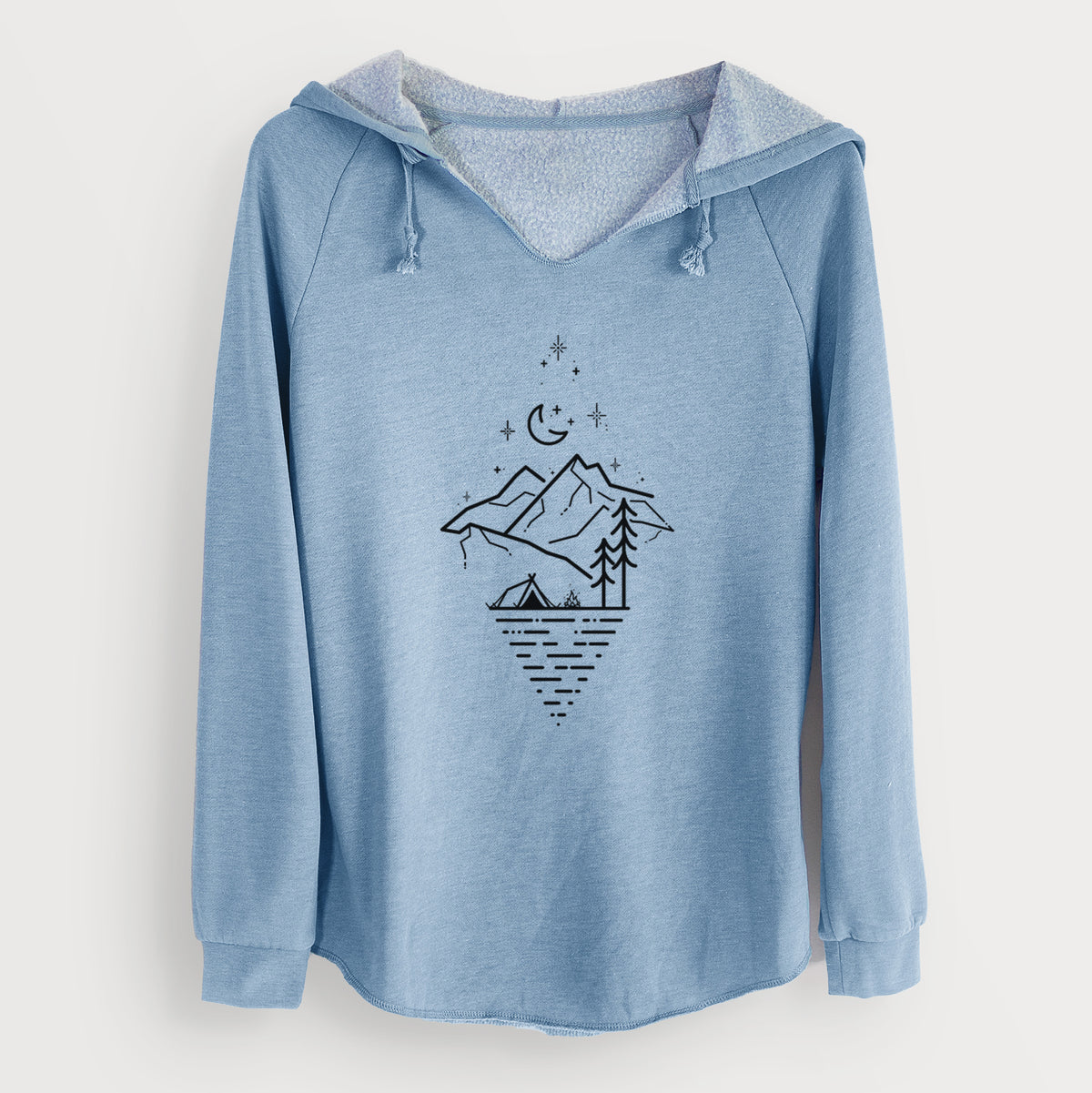 Misty blue women's Cali Wave hooded sweatshirt laid flat, printed with black line art of mountains, pine trees, a crescent moon and stars above a lake inside a diamond outline.