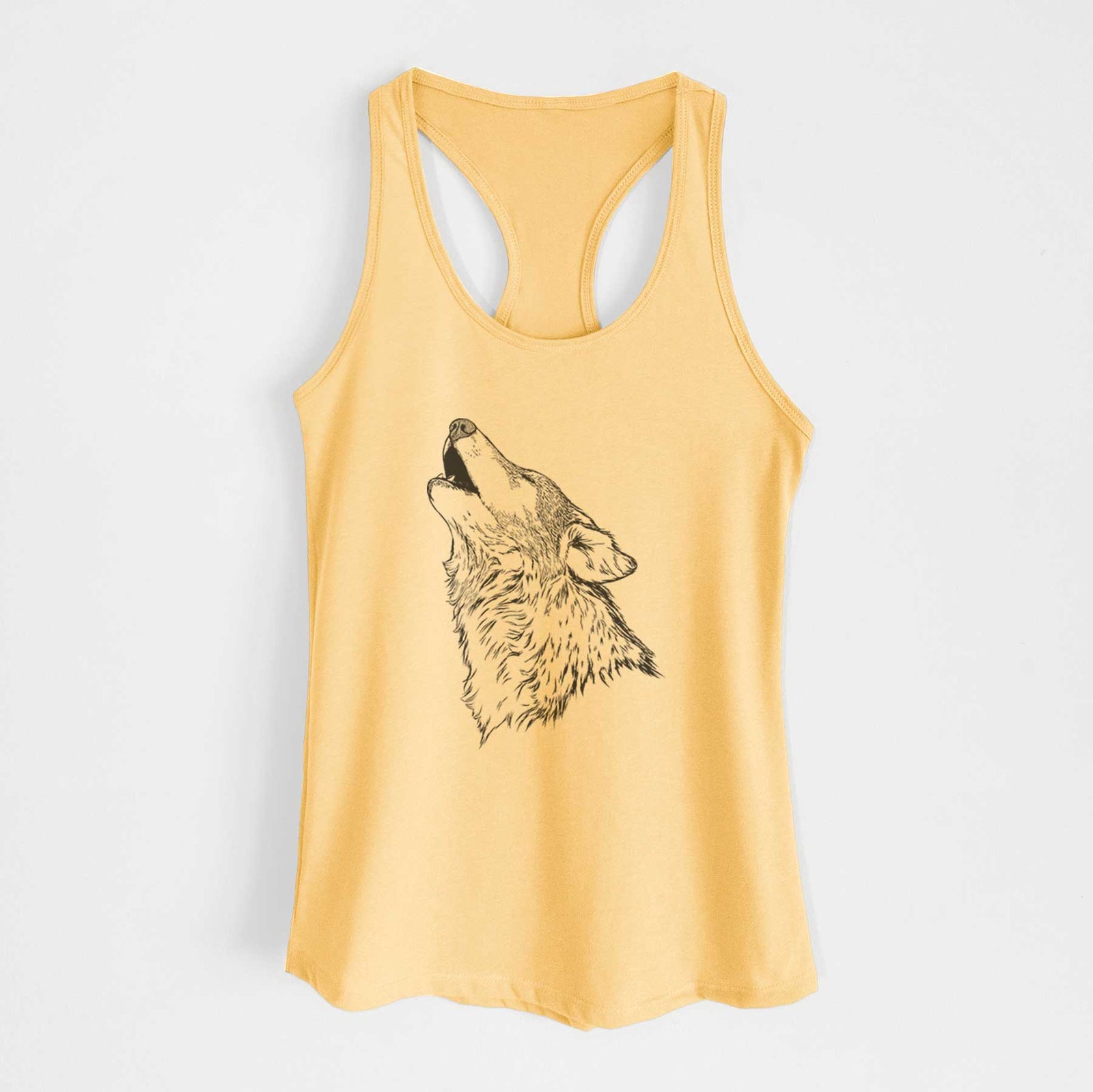 Banana cream women's racerback tank top laid flat, printed with a detailed black ink illustration of a grey wolf's head and shoulders, howling upward.