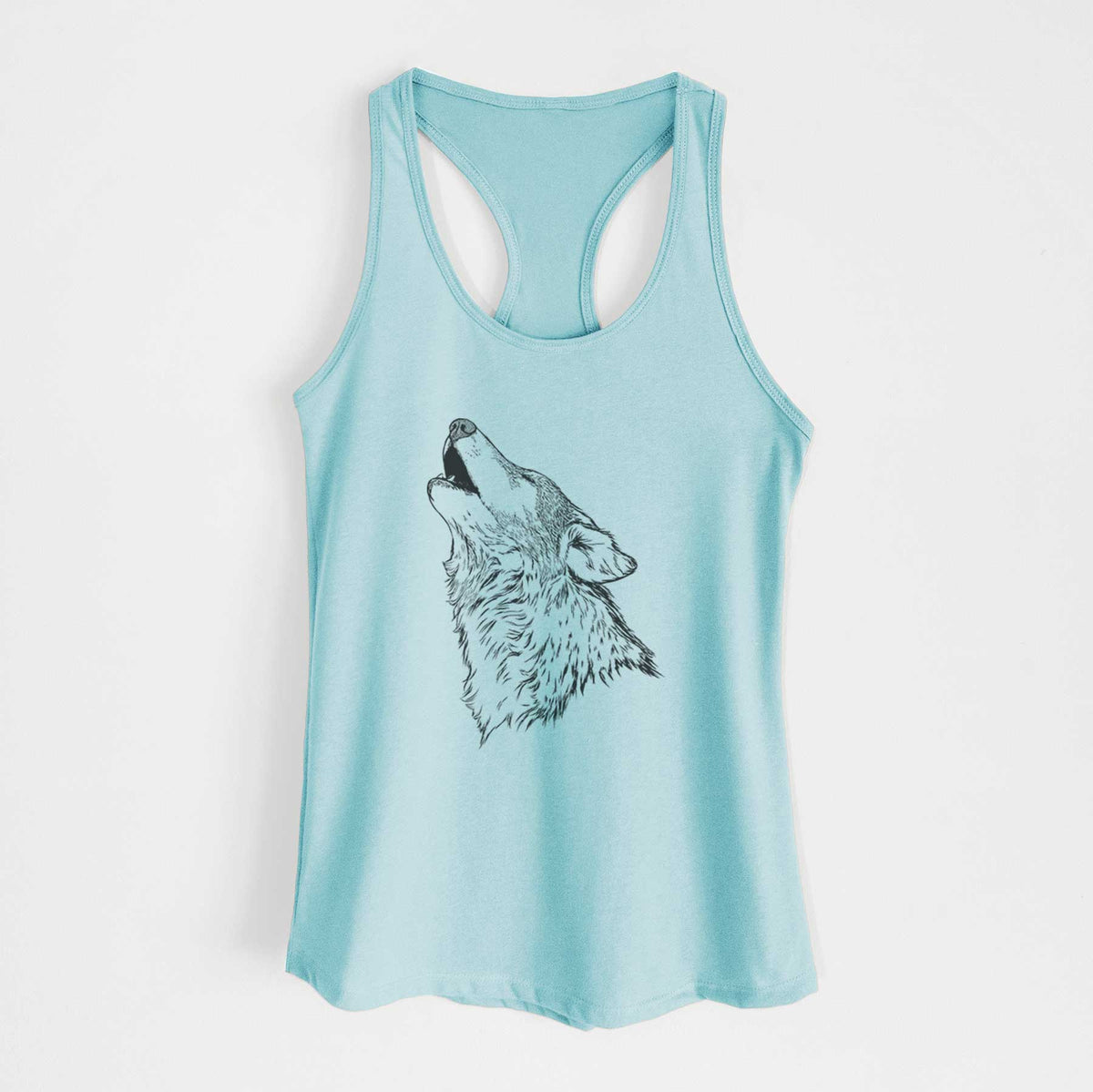 Cancun blue women's racerback tank top laid flat, printed with a detailed black ink illustration of a grey wolf's head and shoulders, howling upward.