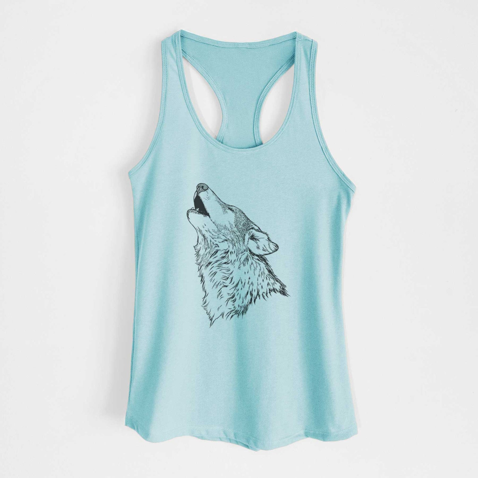 Banana cream women's racerback tank top laid flat, printed with a detailed black ink illustration of a grey wolf's head and shoulders, howling upward.