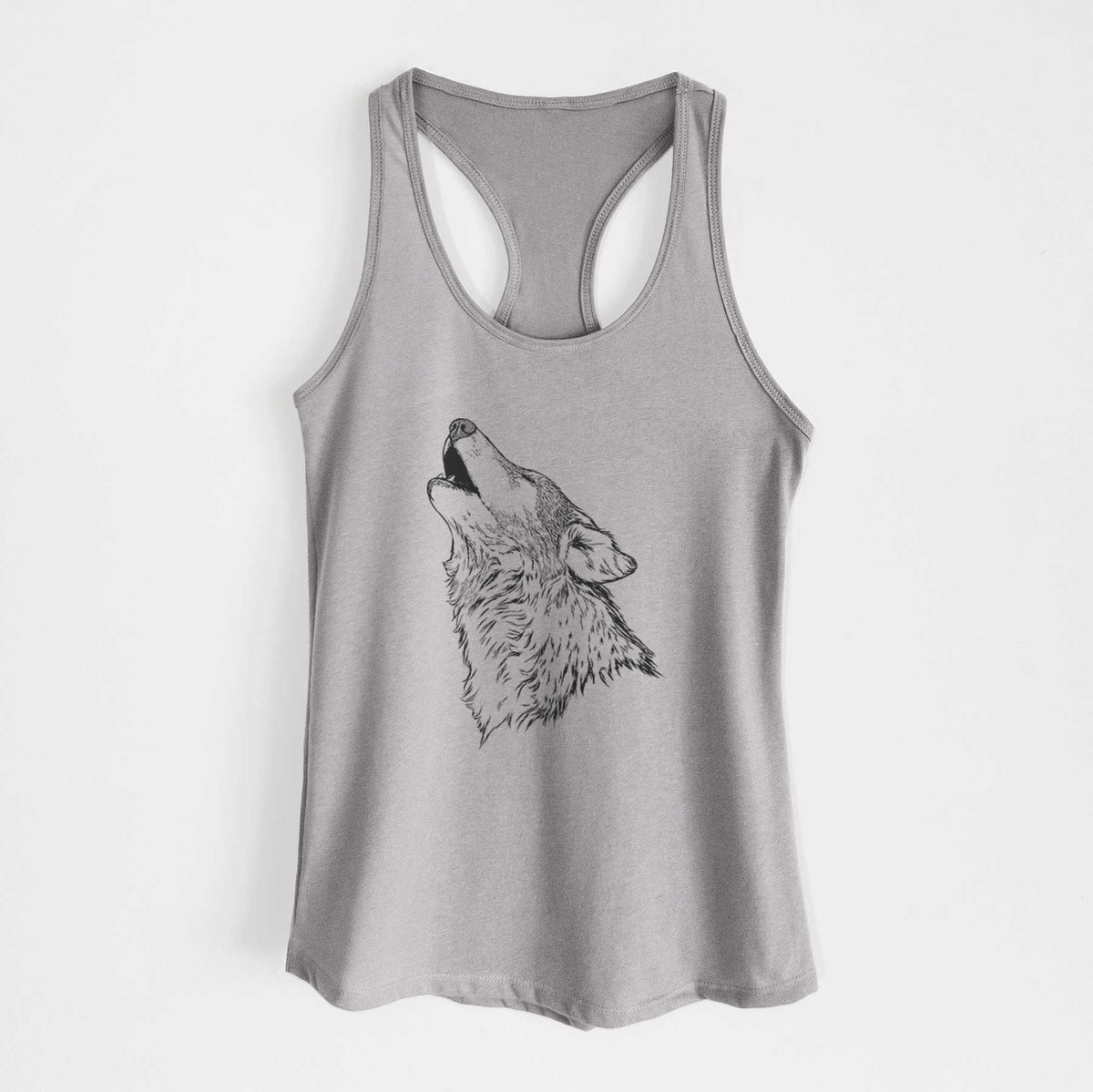 Heather grey women's racerback tank top laid flat, printed with a detailed black ink illustration of a grey wolf's head and shoulders, howling upward.