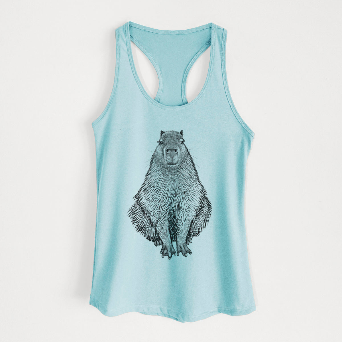 Cancun blue women's racerback tank top laid flat, printed with a detailed black ink illustration of a capybara sitting and facing forward.