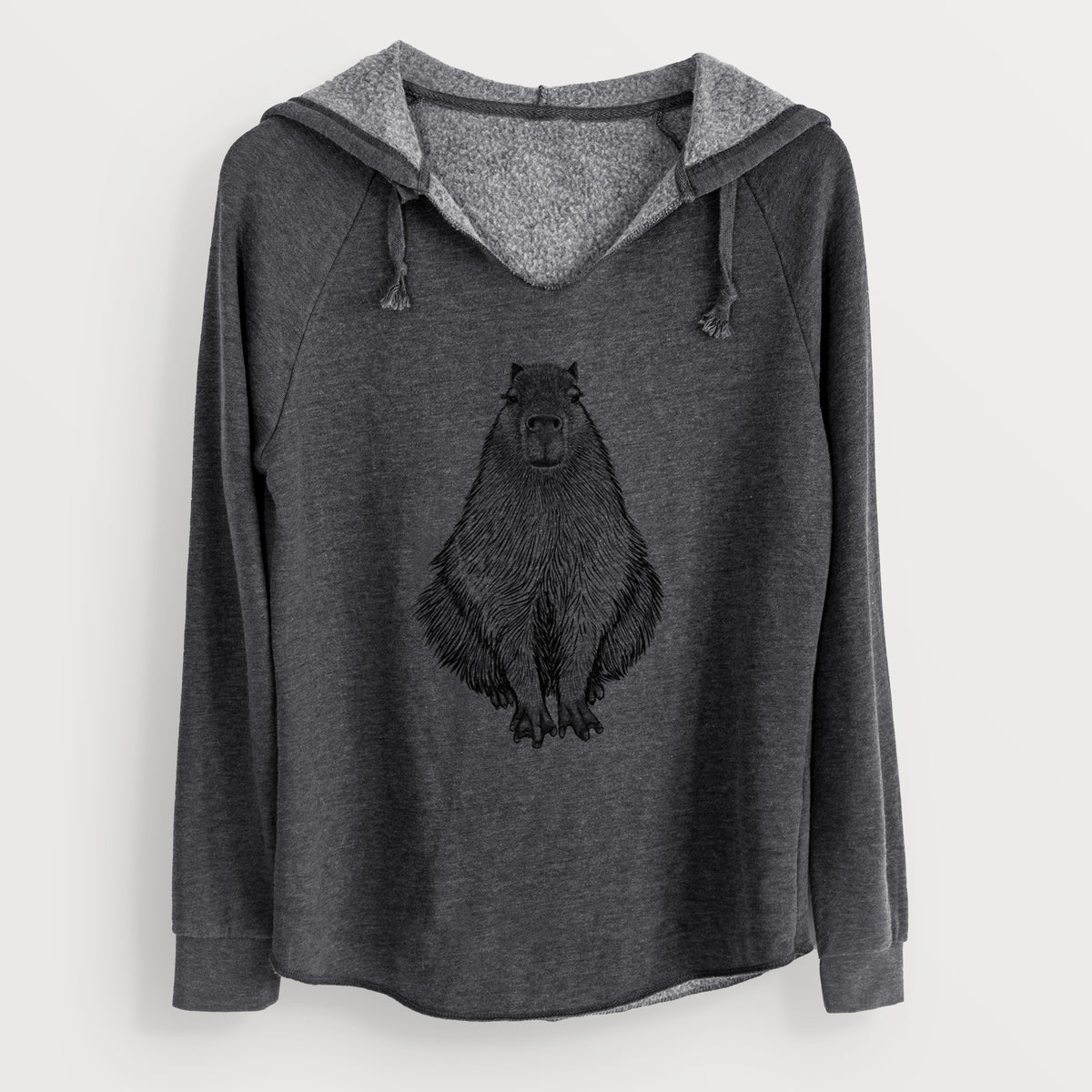 Charcoal grey women's Cali Wave hooded sweatshirt laid flat, printed with a detailed black ink illustration of a capybara sitting and facing forward.
