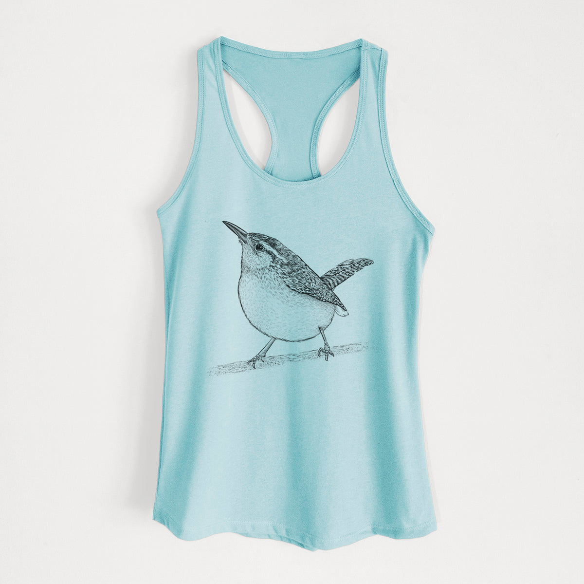 Cancun blue women's racerback tank top laid flat, printed with a detailed black ink sketch of a Carolina wren perched on a branch with its tail raised.