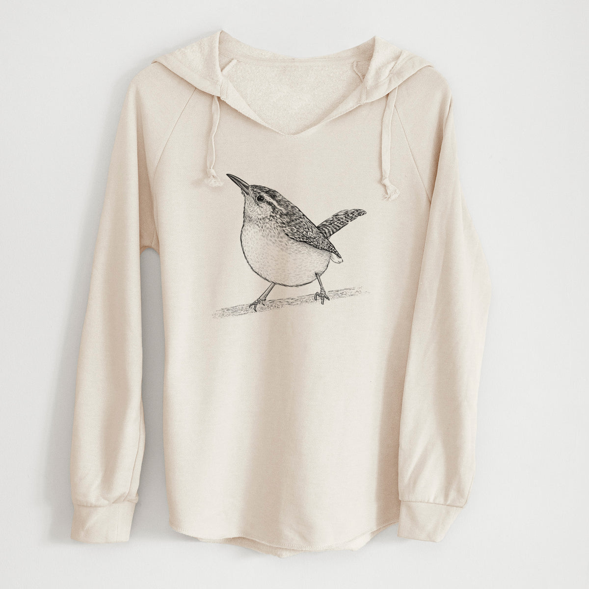 Bone cream women's Cali Wave hooded sweatshirt laid flat, printed with a detailed black ink sketch of a Carolina wren perched on a branch with its tail raised.