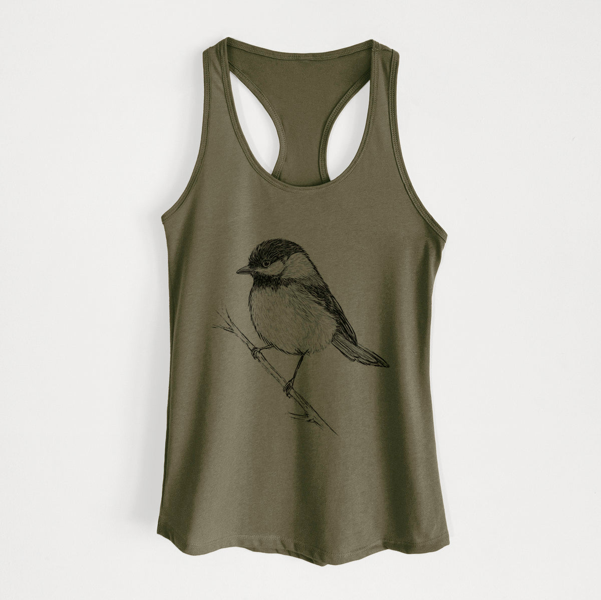 Military green women's racerback tank top laid flat, printed with a detailed black ink sketch of a black-capped chickadee perched on a branch.