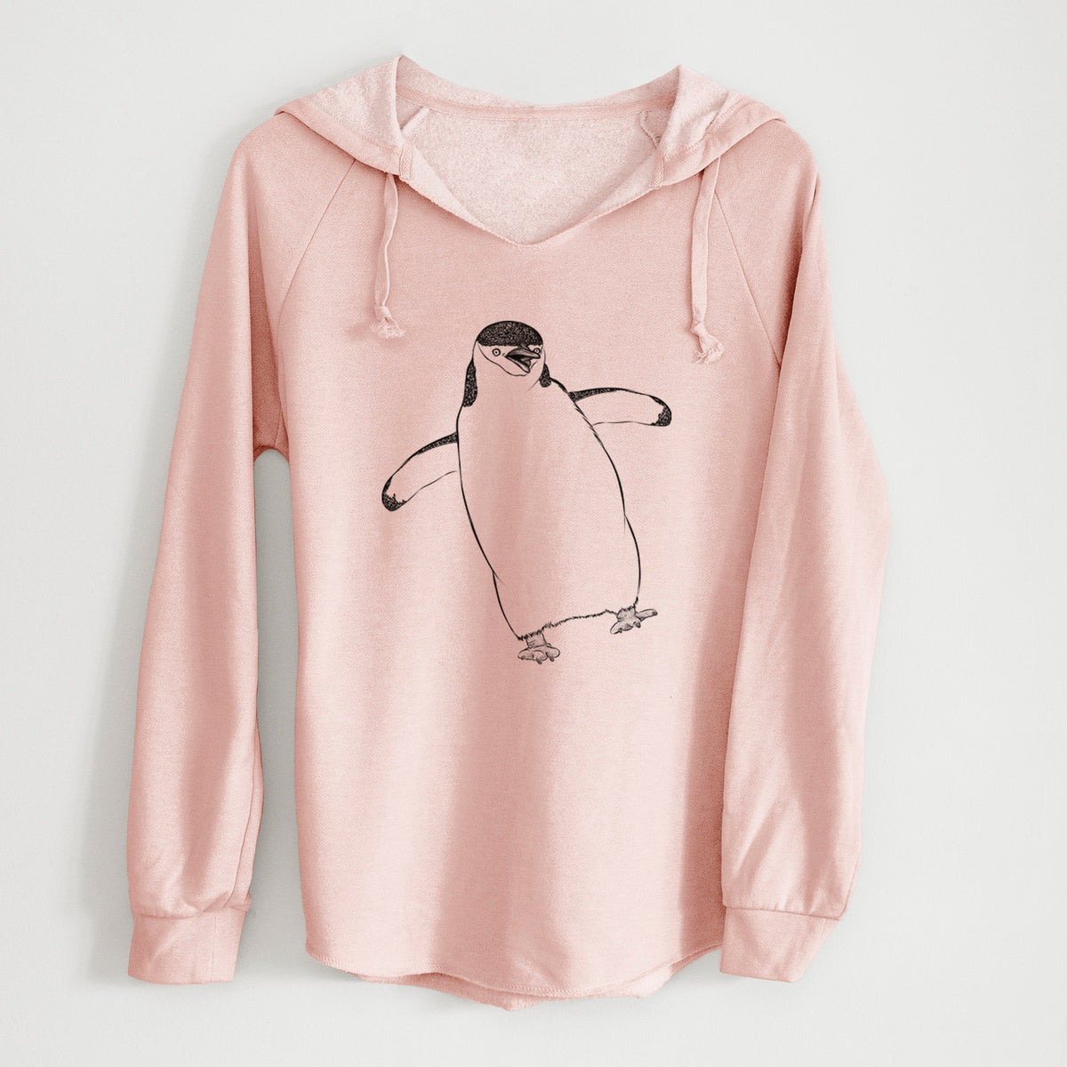 Blush pink women's Cali Wave hooded sweatshirt laid flat, printed with a black ink illustration of a chinstrap penguin standing with its flippers out.