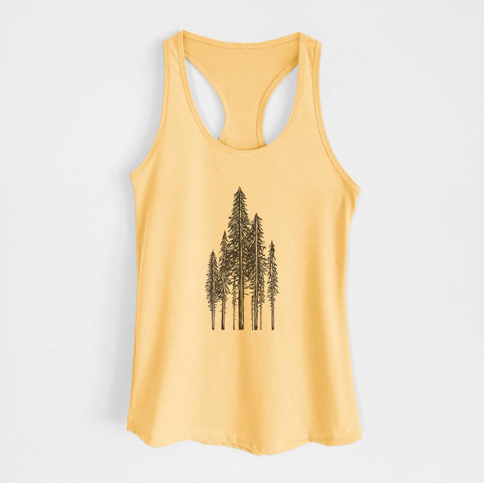 Banana cream women's racerback tank top laid flat, printed with a black ink illustration of a stand of tall coastal redwood trees with slender trunks and layered branches.