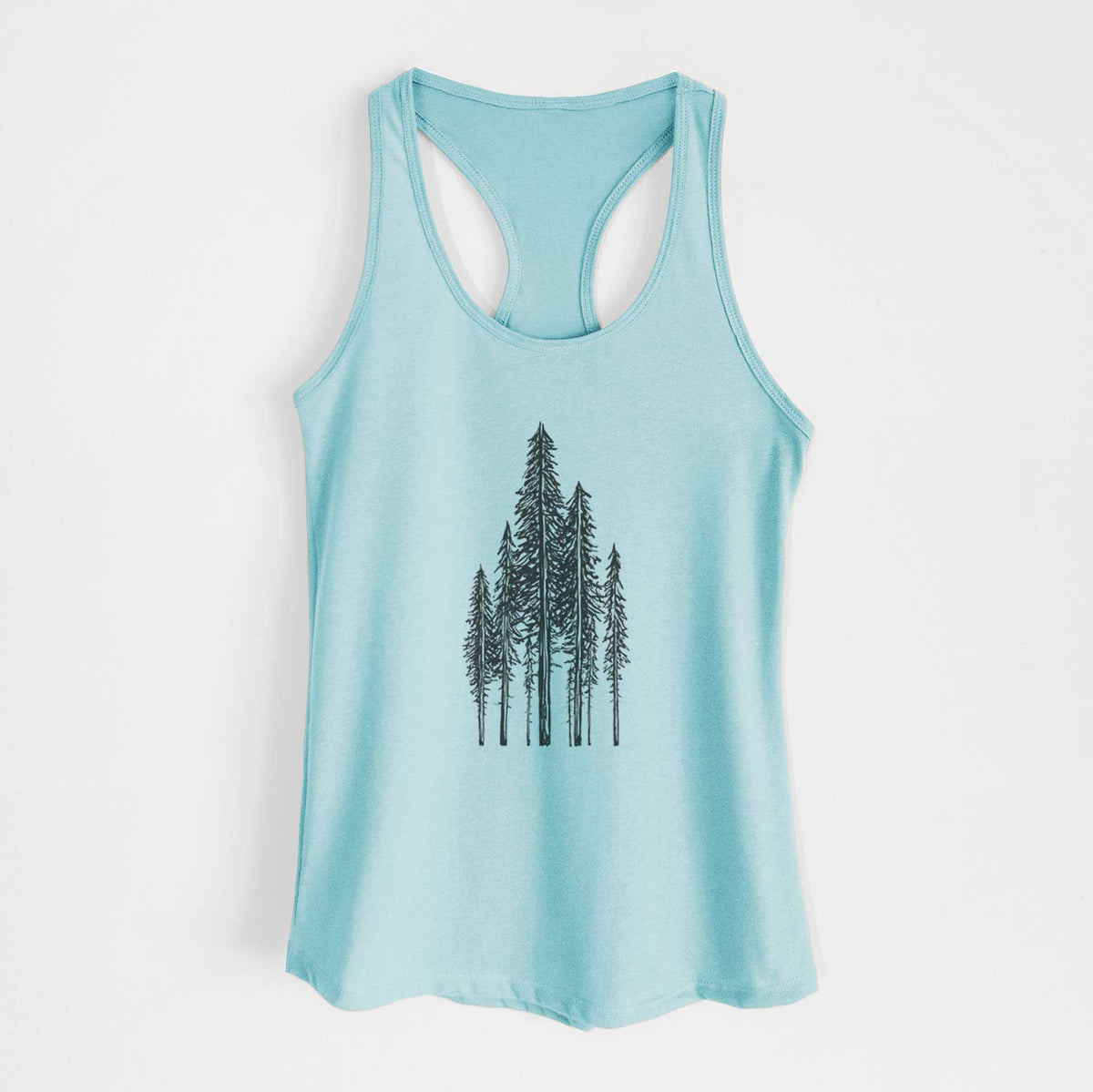 Cancun blue women's racerback tank top laid flat, printed with a black ink illustration of a stand of tall coastal redwood trees with slender trunks and layered branches.