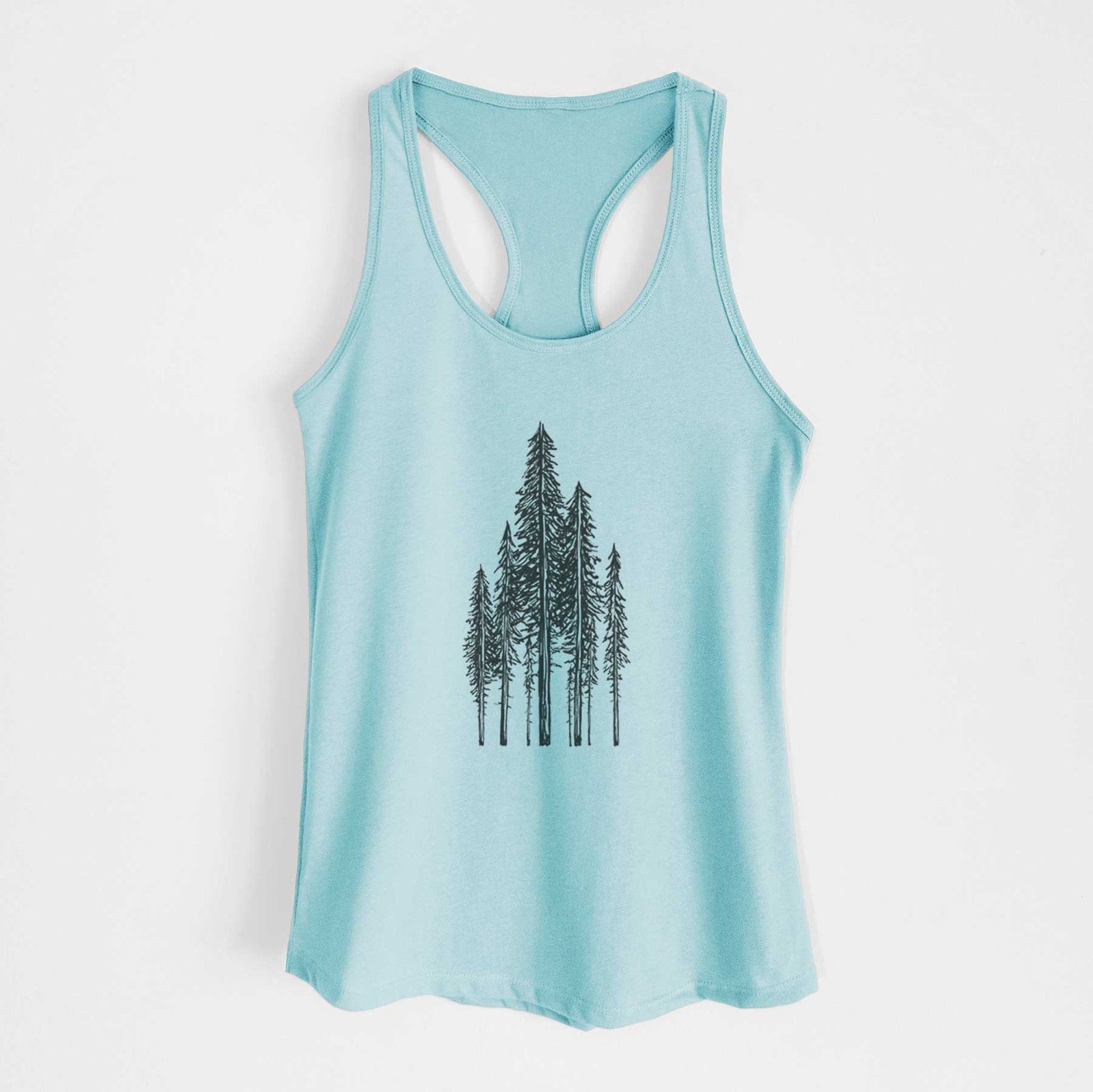 Banana cream women's racerback tank top laid flat, printed with a black ink illustration of a stand of tall coastal redwood trees with slender trunks and layered branches.