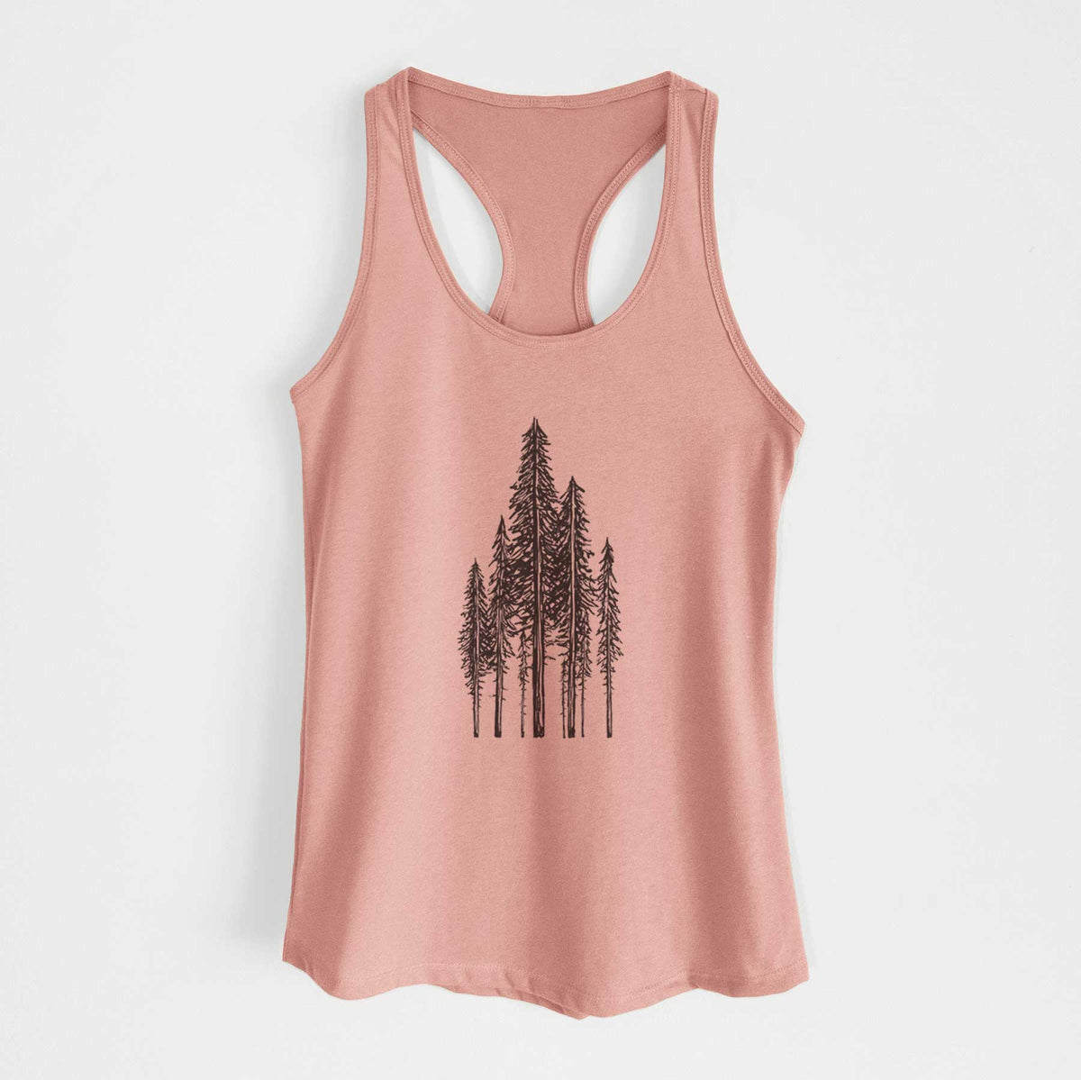 Desert pink women's racerback tank top laid flat, printed with a black ink illustration of a stand of tall coastal redwood trees with slender trunks and layered branches.