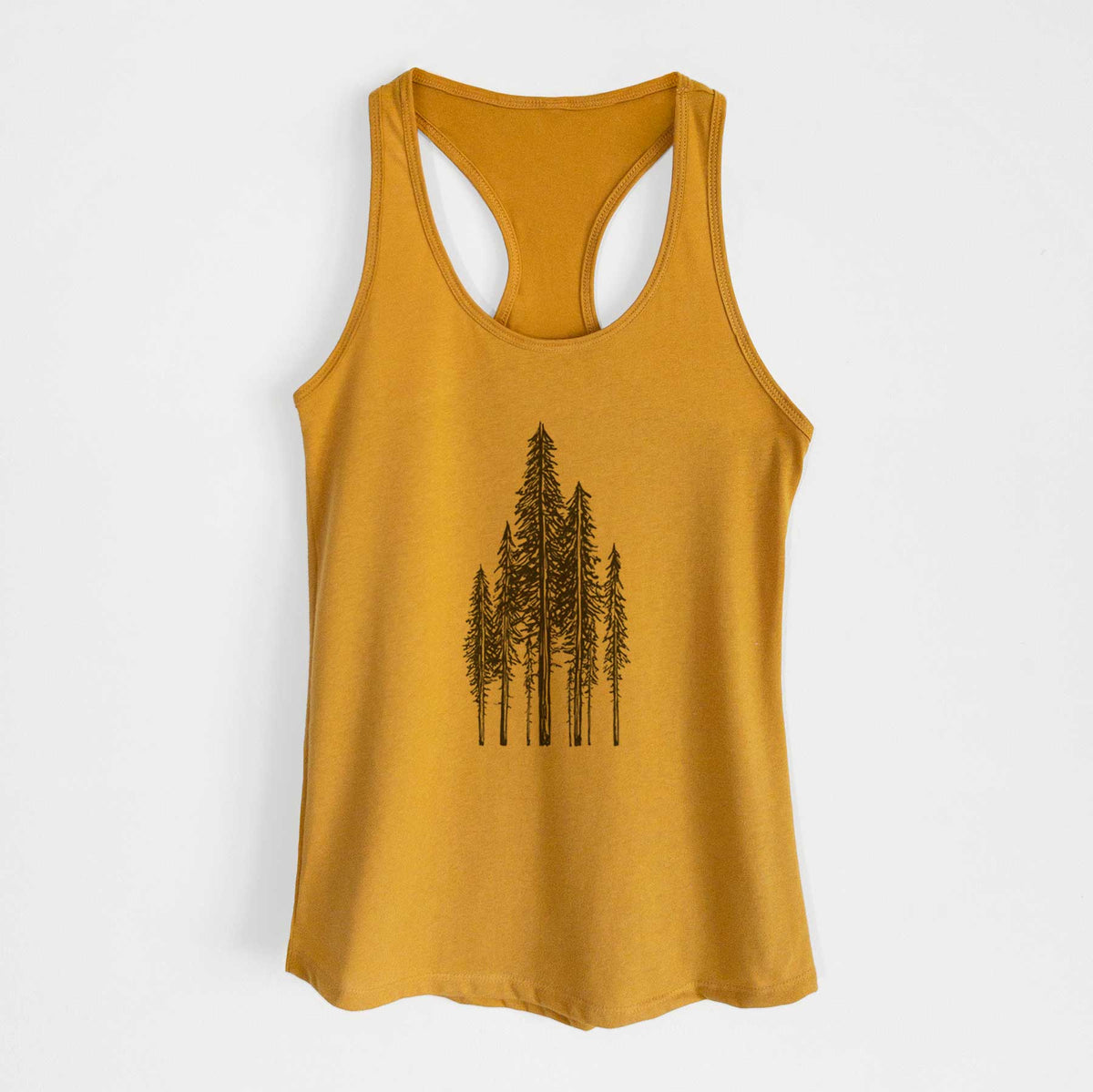 Gold women's racerback tank top laid flat, printed with a black ink illustration of a stand of tall coastal redwood trees with slender trunks and layered branches.