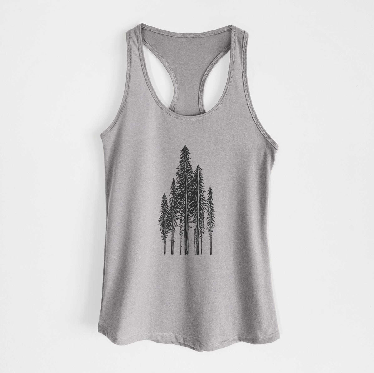 Heather grey women's racerback tank top laid flat, printed with a black ink illustration of a stand of tall coastal redwood trees with slender trunks and layered branches.