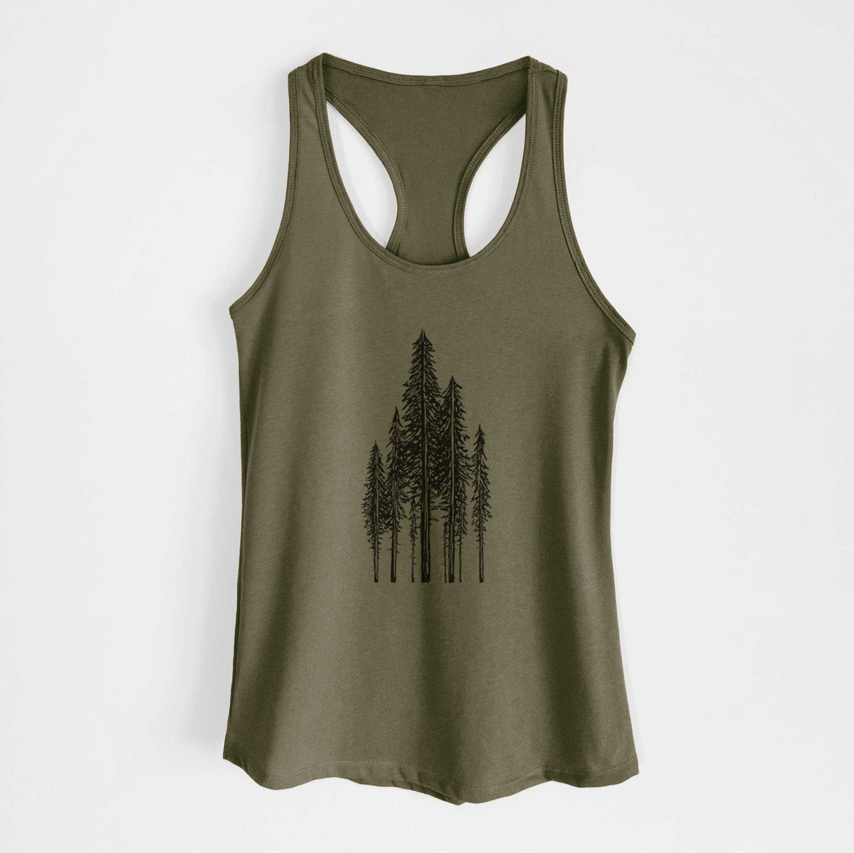 Military green women's racerback tank top laid flat, printed with a black ink illustration of a stand of tall coastal redwood trees with slender trunks and layered branches.