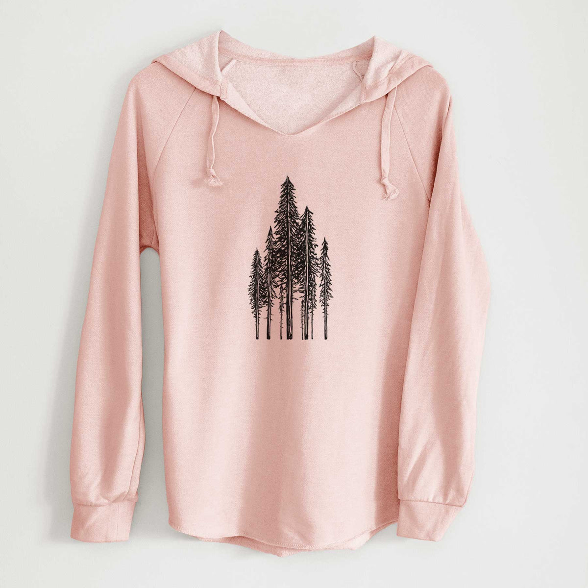 Blush pink women's Cali Wave hooded sweatshirt laid flat, printed with a black ink illustration of a stand of tall coastal redwood trees with slender trunks and layered branches.
