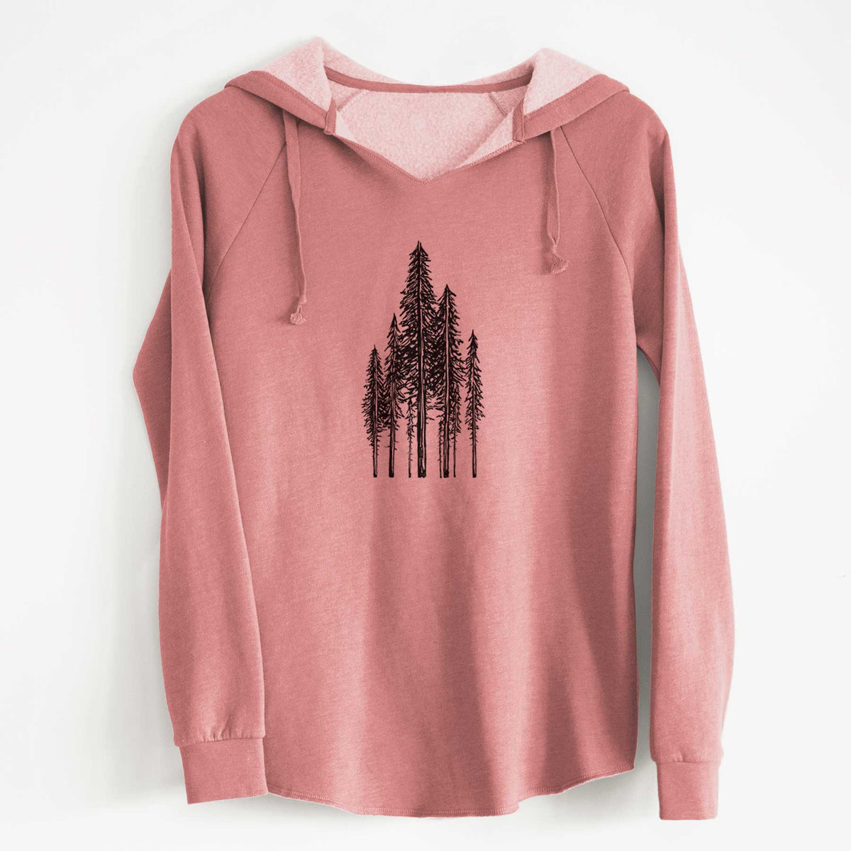 Dusty rose women's Cali Wave hooded sweatshirt laid flat, printed with a black ink illustration of a stand of tall coastal redwood trees with slender trunks and layered branches.