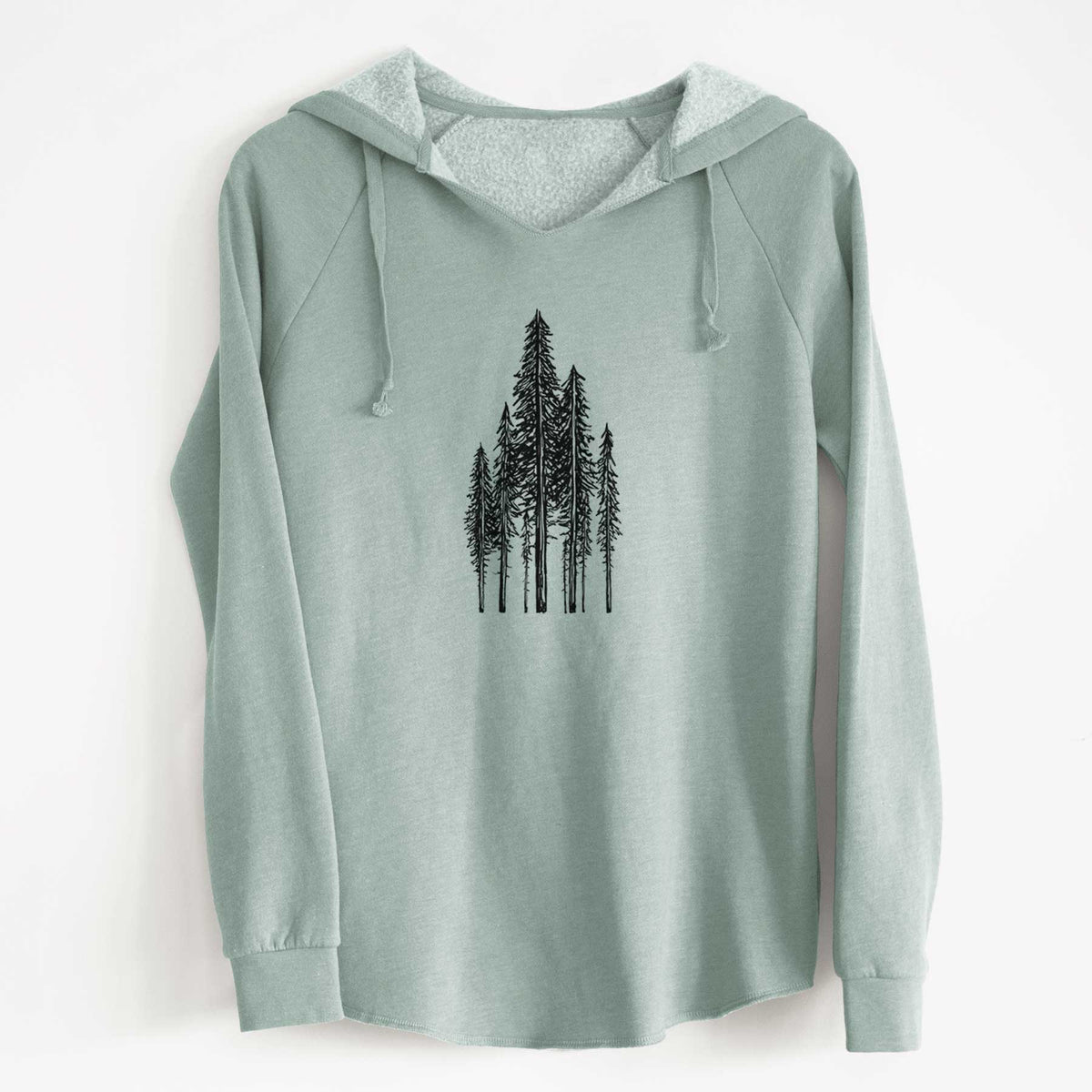 Sage green women's Cali Wave hooded sweatshirt laid flat, printed with a black ink illustration of a stand of tall coastal redwood trees with slender trunks and layered branches.