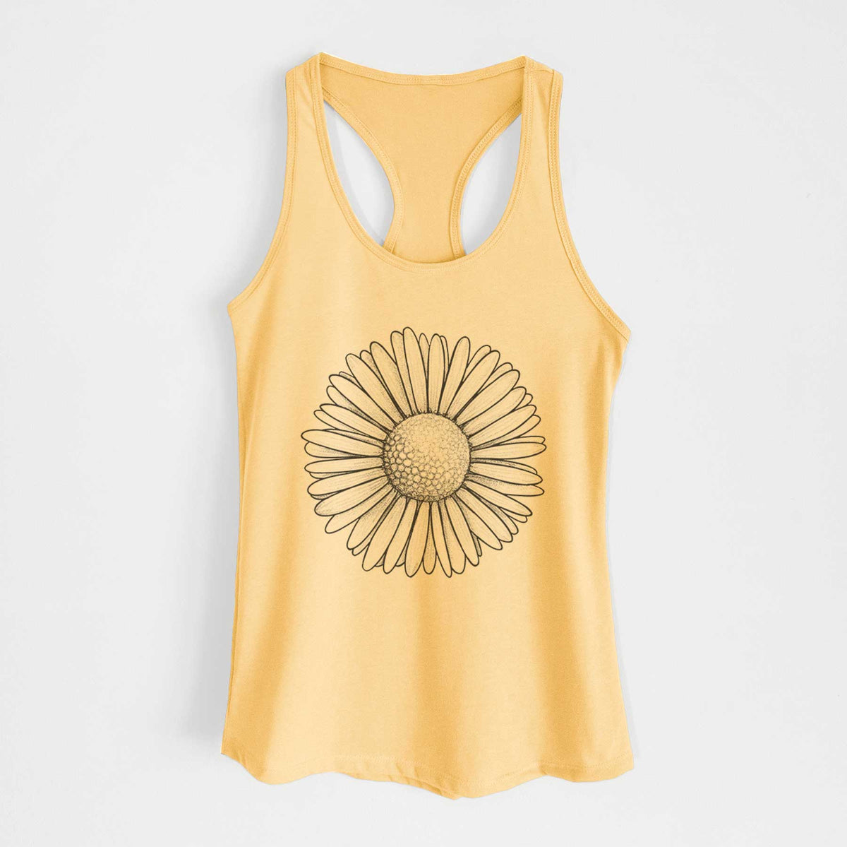 Banana cream women's racerback tank top laid flat, printed with a detailed black ink line drawing of a single common daisy flower.