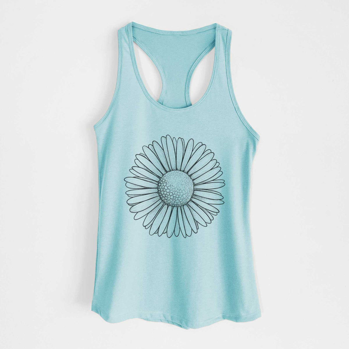 Cancun blue women's racerback tank top laid flat, printed with a detailed black ink line drawing of a single common daisy flower.