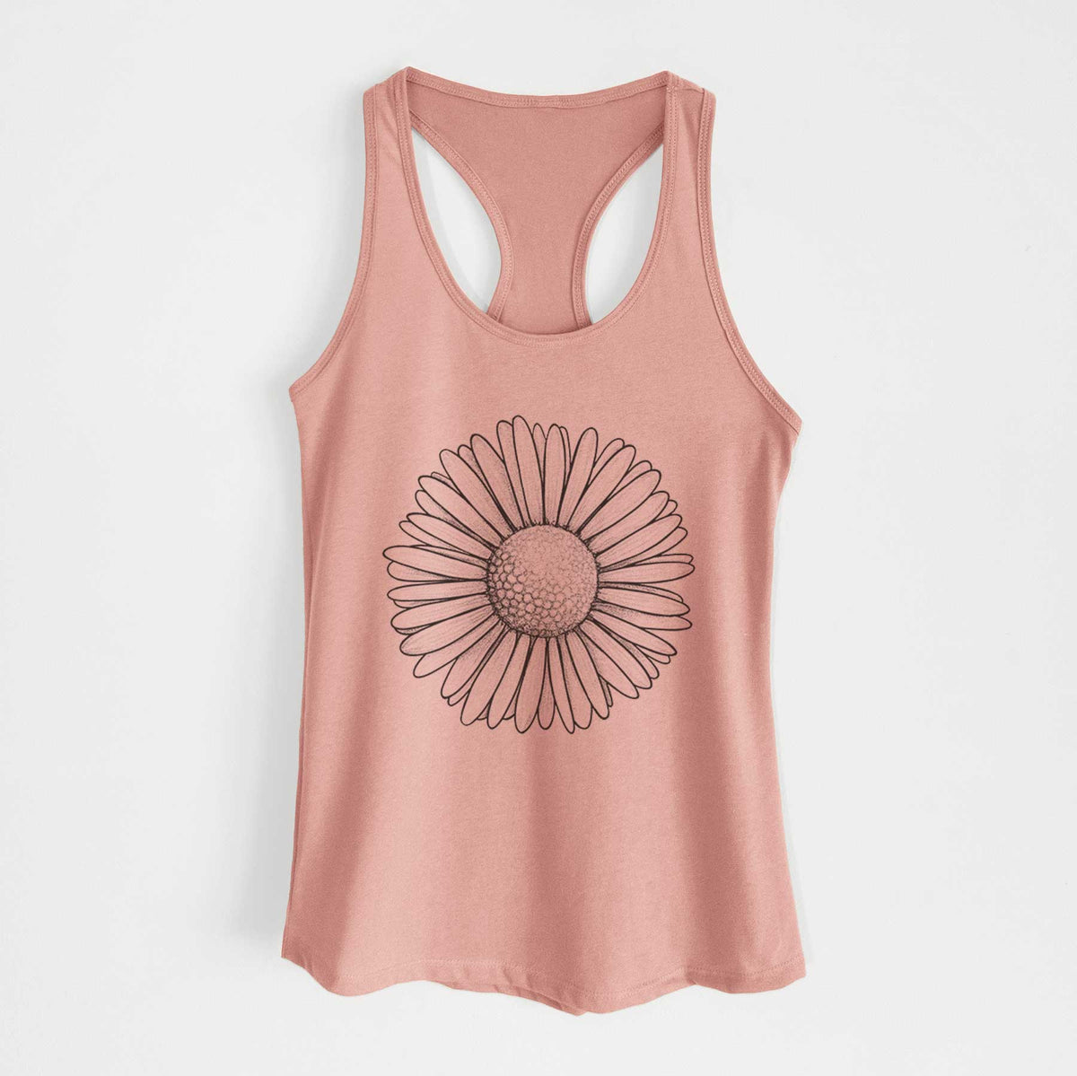 Desert pink women's racerback tank top laid flat, printed with a detailed black ink line drawing of a single common daisy flower.