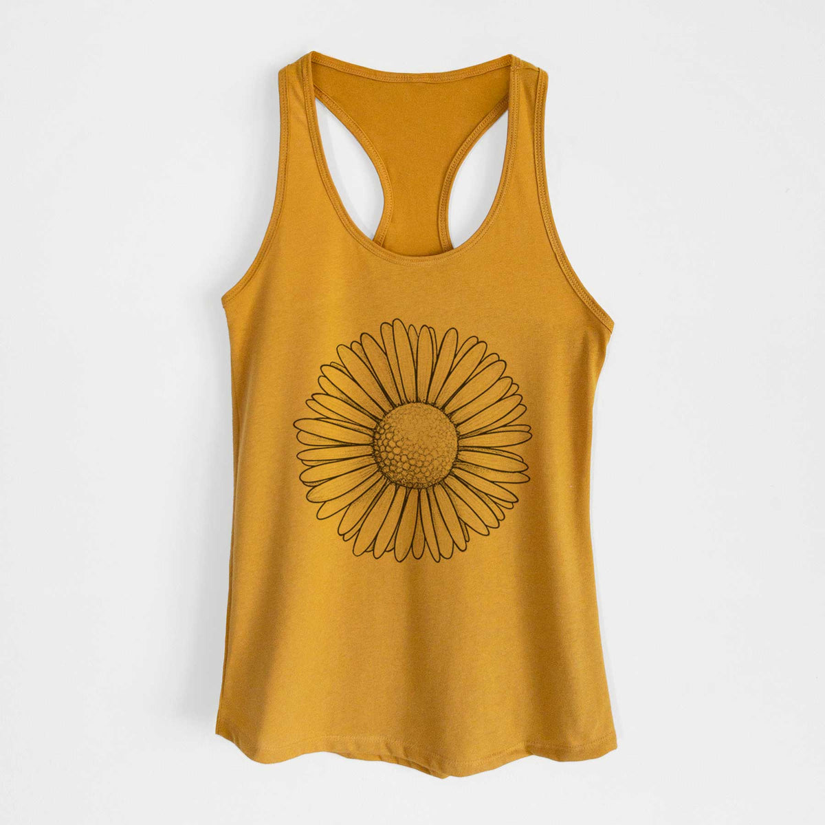 Gold women's racerback tank top laid flat, printed with a detailed black ink line drawing of a single common daisy flower.