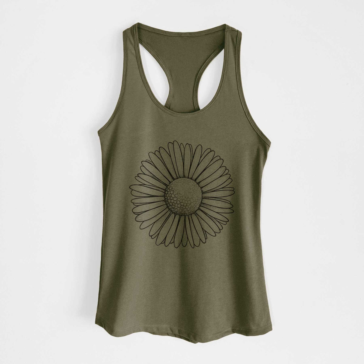 Military green women's racerback tank top laid flat, printed with a detailed black ink line drawing of a single common daisy flower.