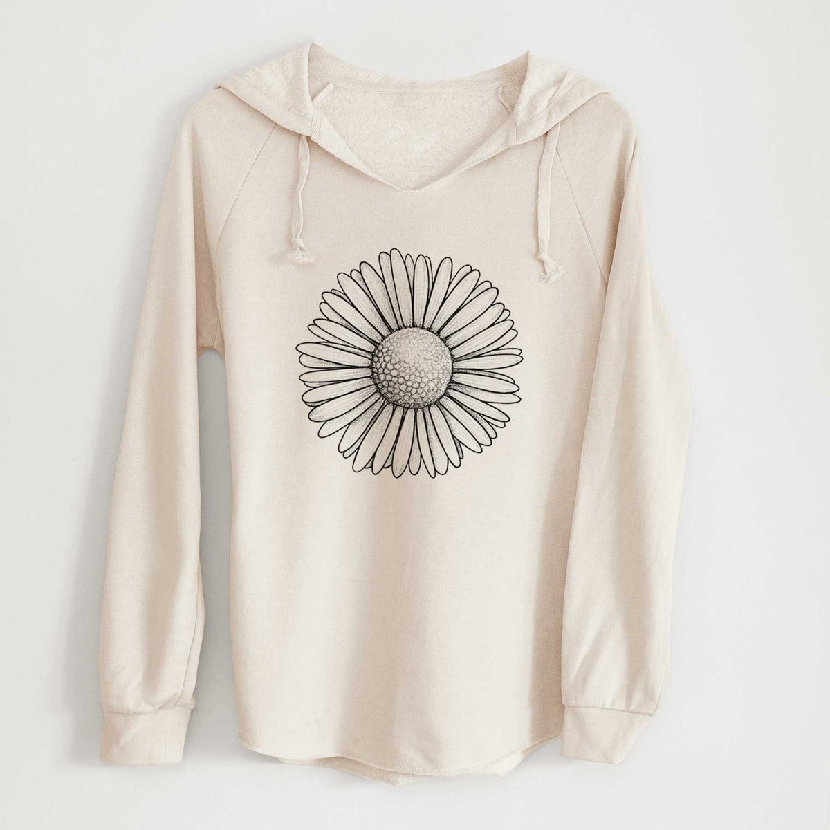 Bone cream women's Cali Wave hooded sweatshirt laid flat, printed with a detailed black ink line drawing of a single common daisy flower.