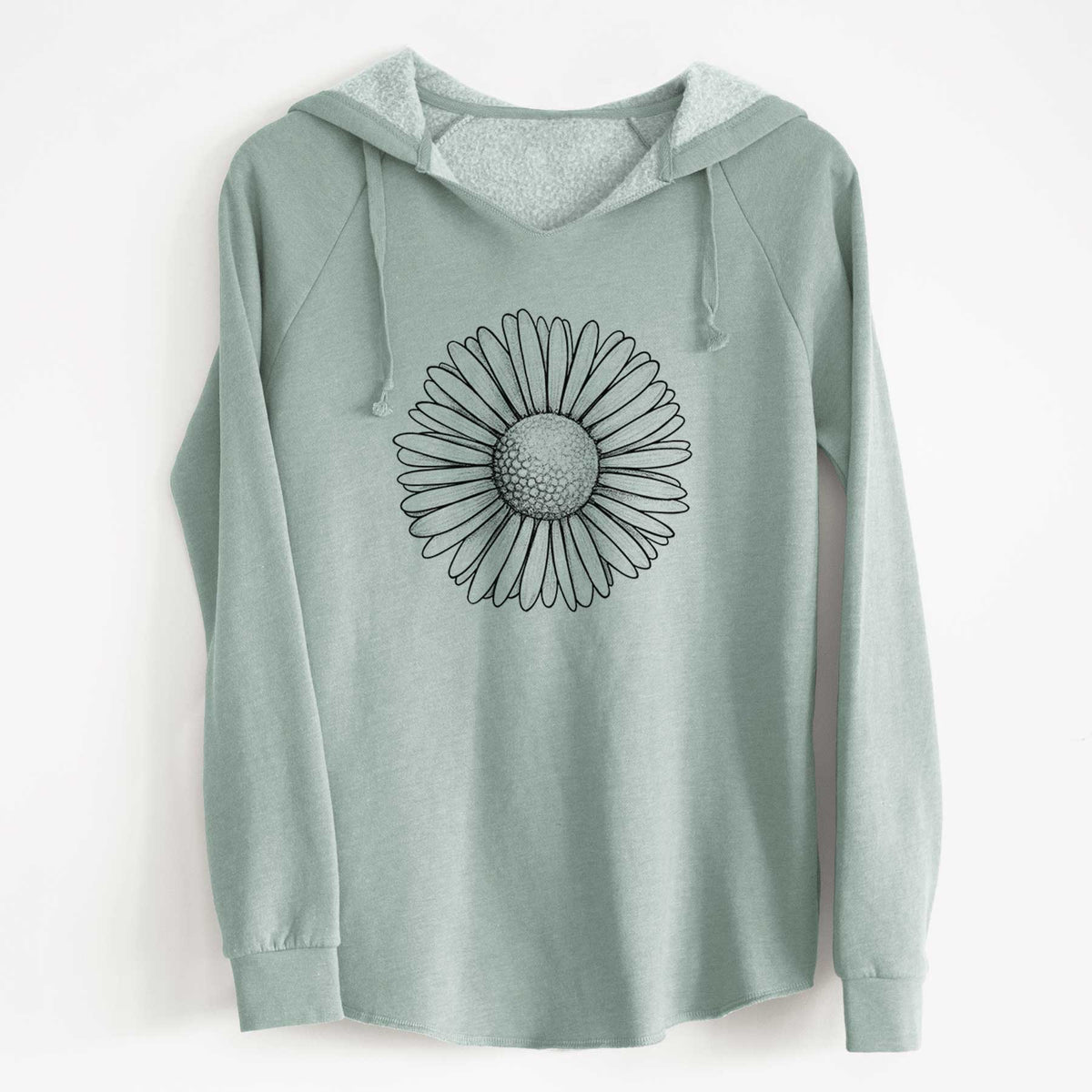 Sage green women's Cali Wave hooded sweatshirt laid flat, printed with a detailed black ink line drawing of a single common daisy flower.