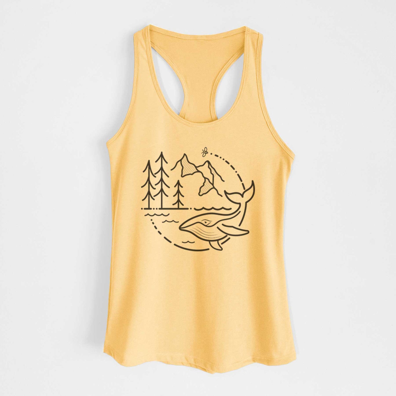 Banana cream women's racerback tank top laid flat, printed with a black line art circle connecting a mountain range, pine trees, a bee and a whale swimming in ocean waves.