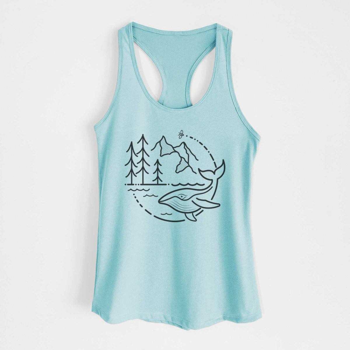 Cancun blue women's racerback tank top laid flat, printed with a black line art circle connecting a mountain range, pine trees, a bee and a whale swimming in ocean waves.