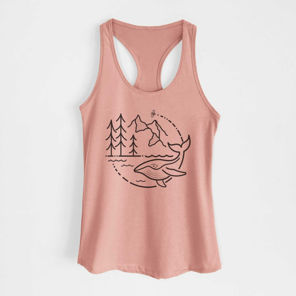 Desert pink women's racerback tank top laid flat, printed with a black line art circle connecting a mountain range, pine trees, a bee and a whale swimming in ocean waves.