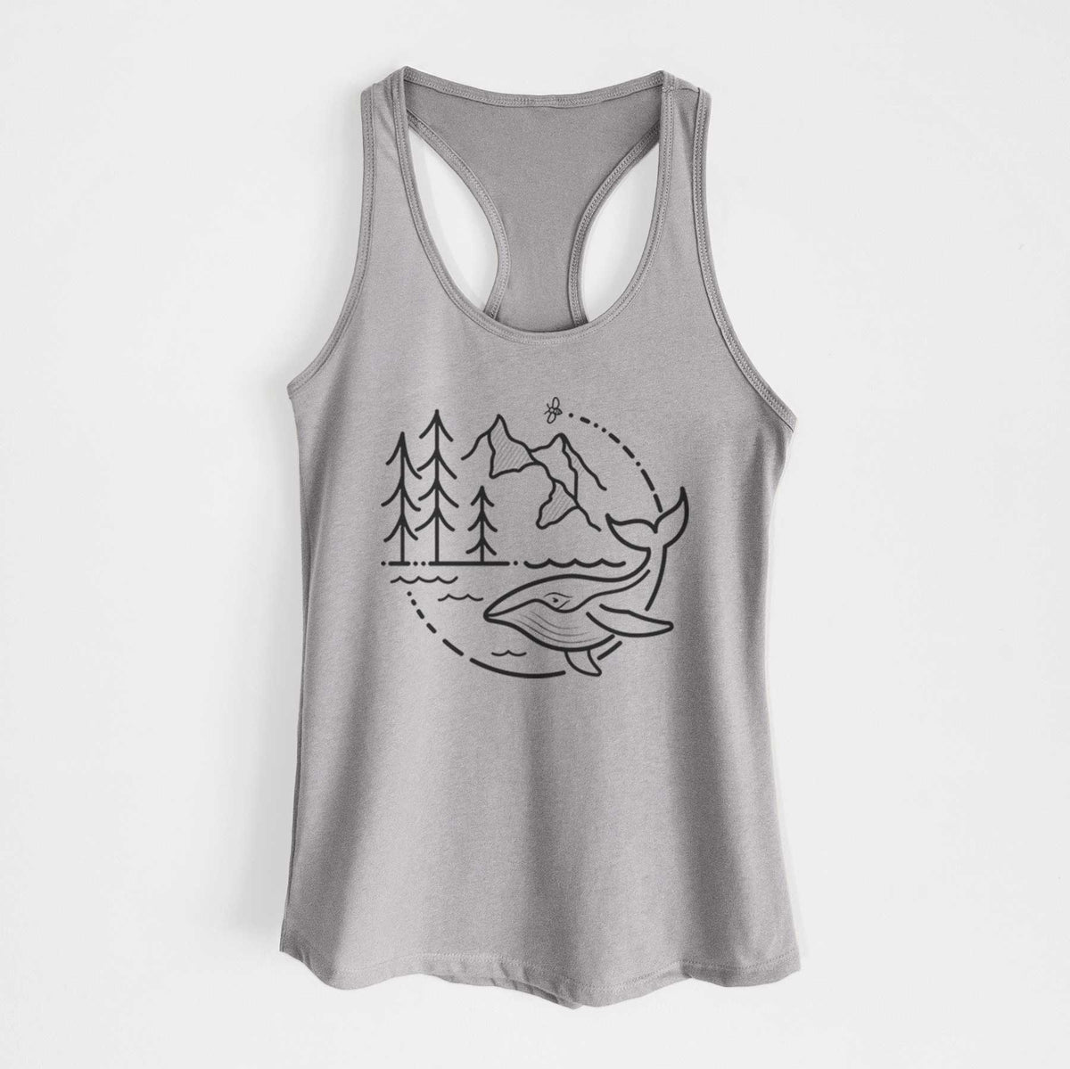 Heather grey women's racerback tank top laid flat, printed with a black line art circle connecting a mountain range, pine trees, a bee and a whale swimming in ocean waves.
