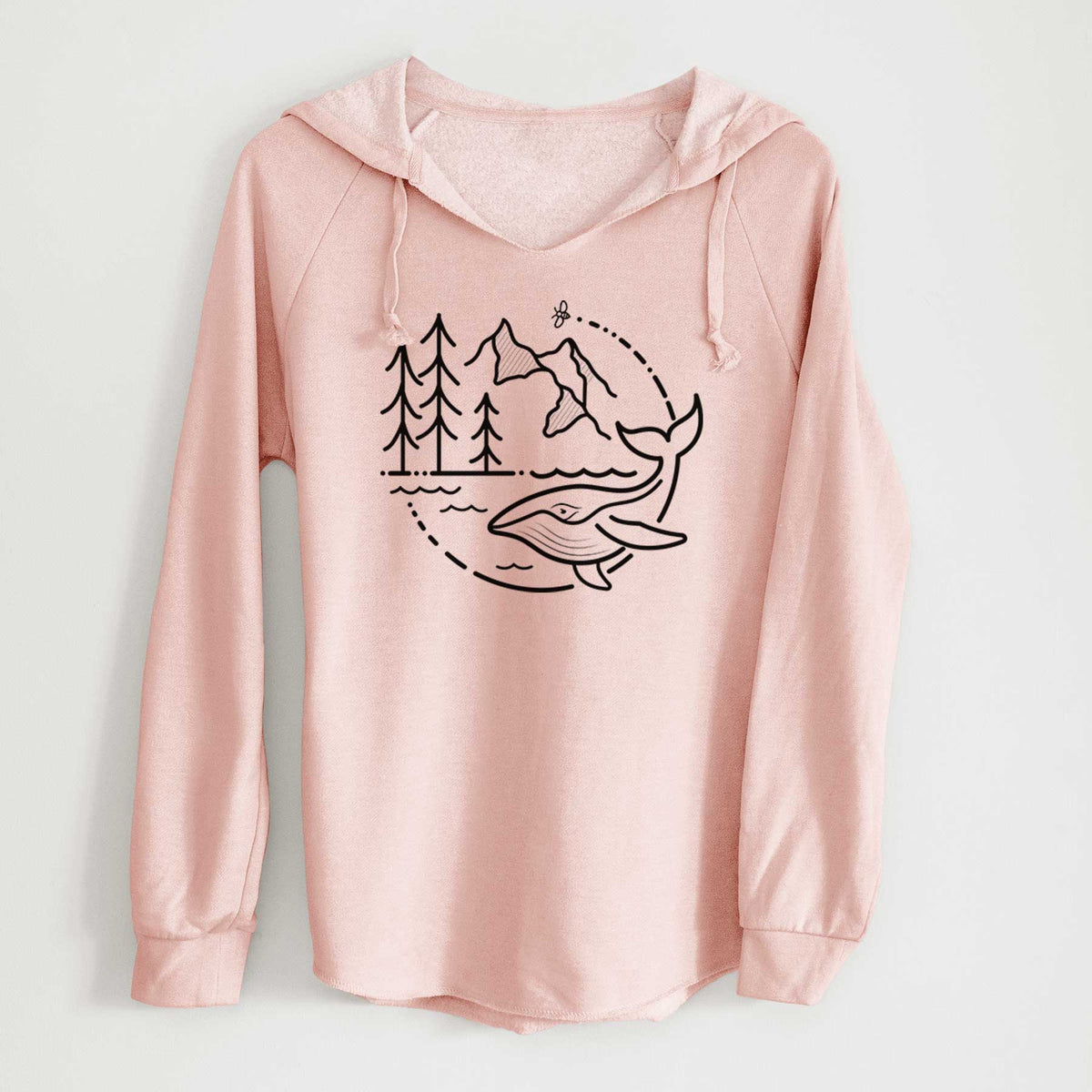 Blush pink women's Cali Wave hooded sweatshirt laid flat, printed with a black line art circle connecting a mountain range, pine trees, a bee and a whale swimming in ocean waves.