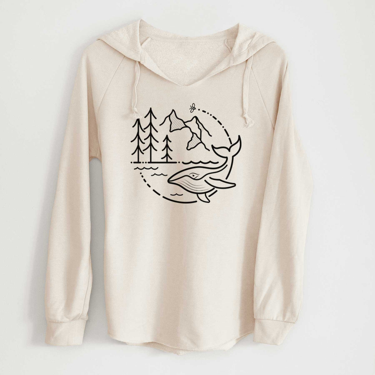 Bone cream women's Cali Wave hooded sweatshirt laid flat, printed with a black line art circle connecting a mountain range, pine trees, a bee and a whale swimming in ocean waves.