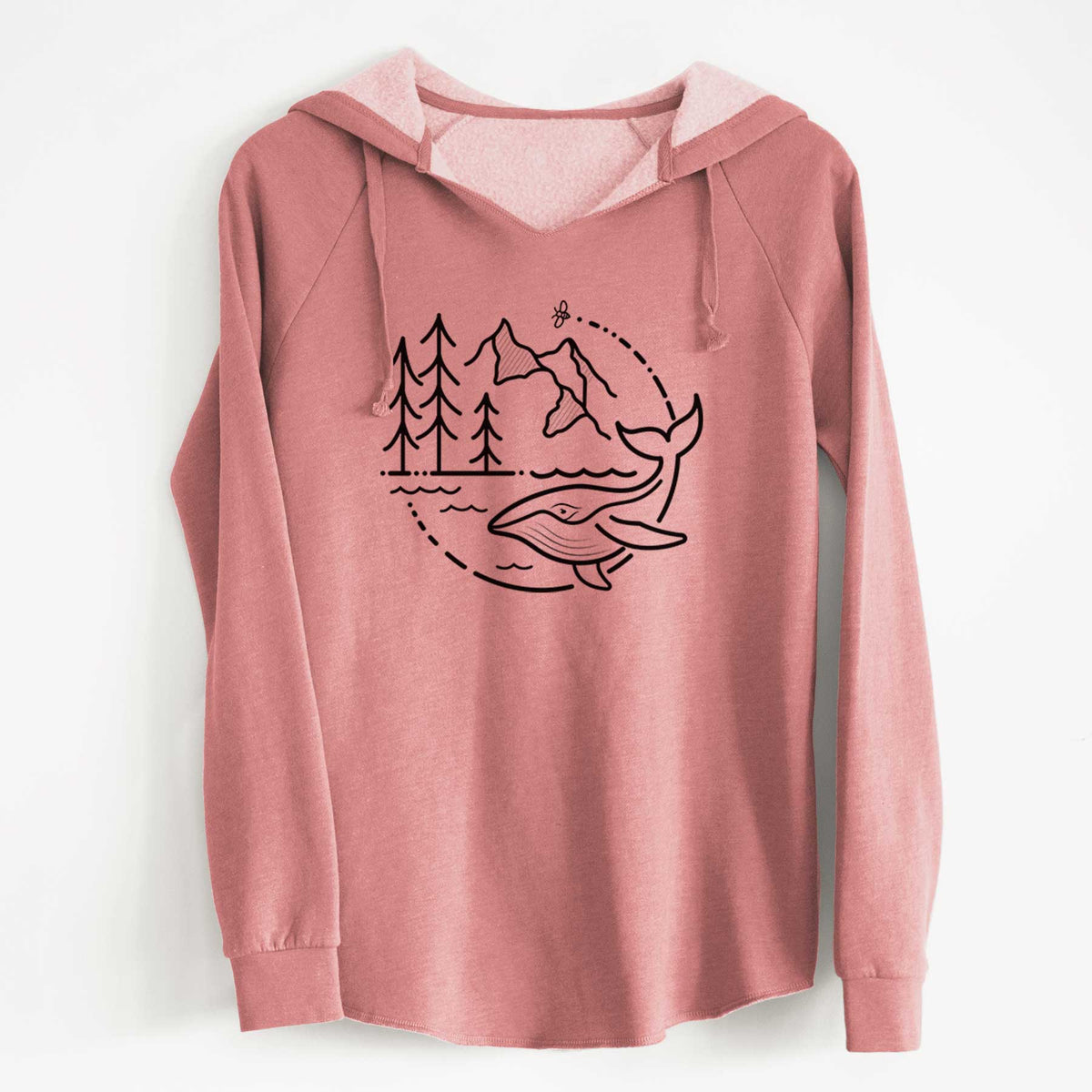 Dusty rose women's Cali Wave hooded sweatshirt laid flat, printed with a black line art circle connecting a mountain range, pine trees, a bee and a whale swimming in ocean waves.
