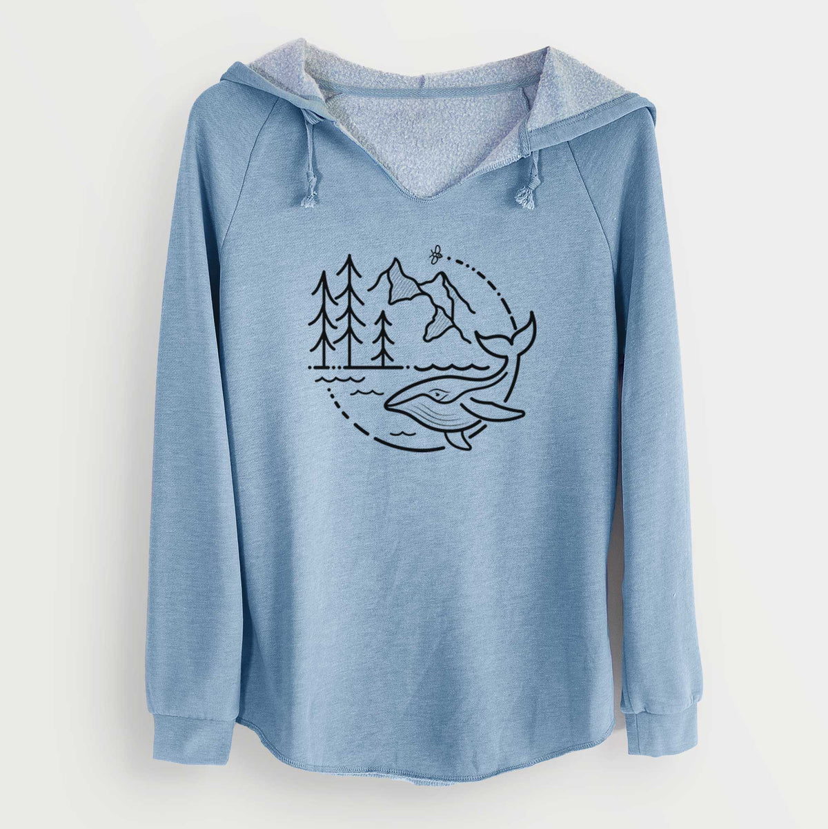 Misty blue women's Cali Wave hooded sweatshirt laid flat, printed with a black line art circle connecting a mountain range, pine trees, a bee and a whale swimming in ocean waves.