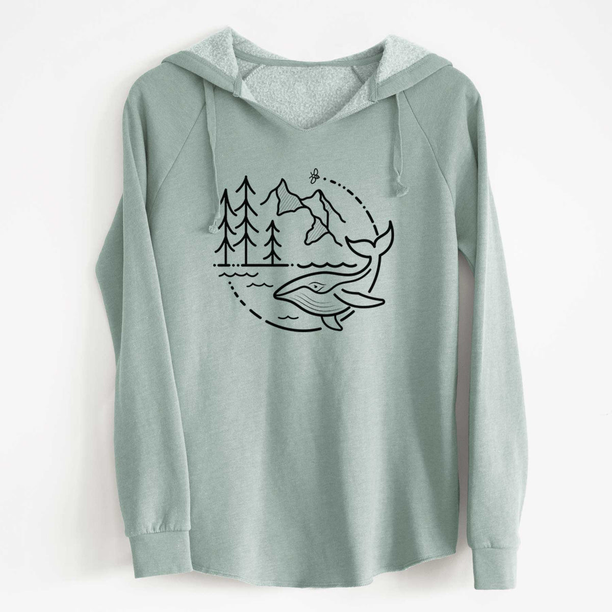 Sage green women's Cali Wave hooded sweatshirt laid flat, printed with a black line art circle connecting a mountain range, pine trees, a bee and a whale swimming in ocean waves.