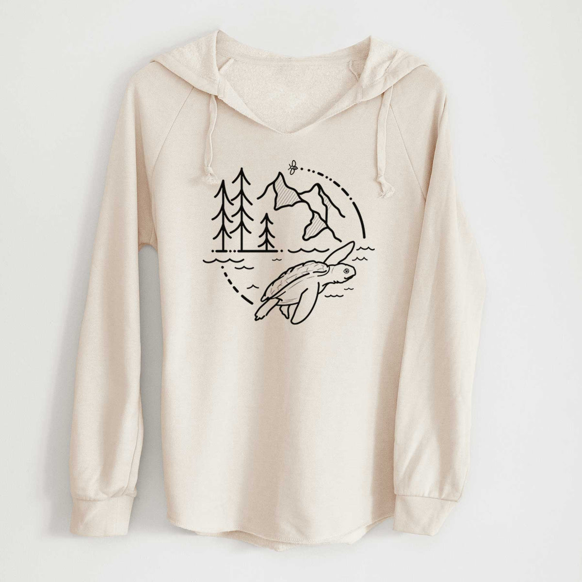 Bone cream women's Cali Wave hooded sweatshirt laid flat, printed with a black line art circle connecting pine trees, mountains, a bee and a Kemp's ridley sea turtle swimming.