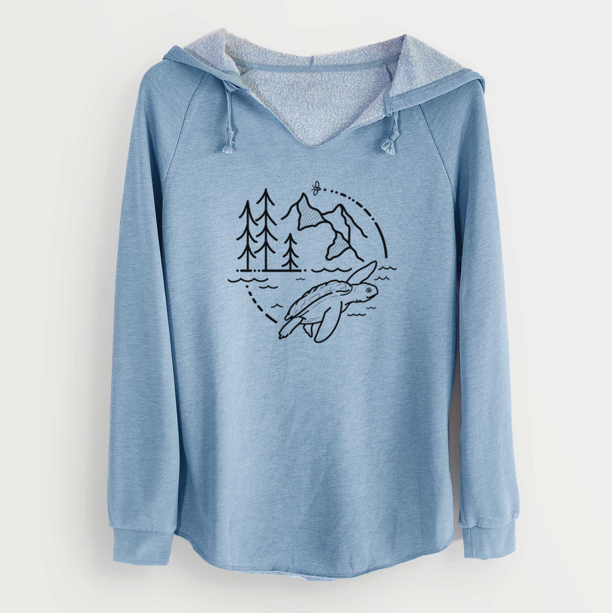 Misty blue women's Cali Wave hooded sweatshirt laid flat, printed with a black line art circle connecting pine trees, mountains, a bee and a Kemp's ridley sea turtle swimming.
