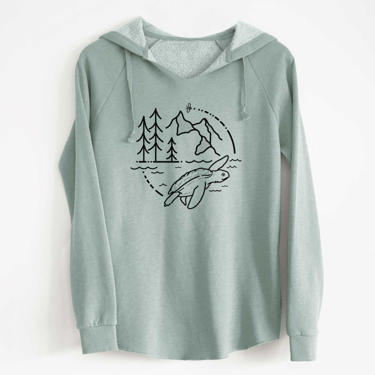 Sage green women's Cali Wave hooded sweatshirt laid flat, printed with a black line art circle connecting pine trees, mountains, a bee and a Kemp's ridley sea turtle swimming.