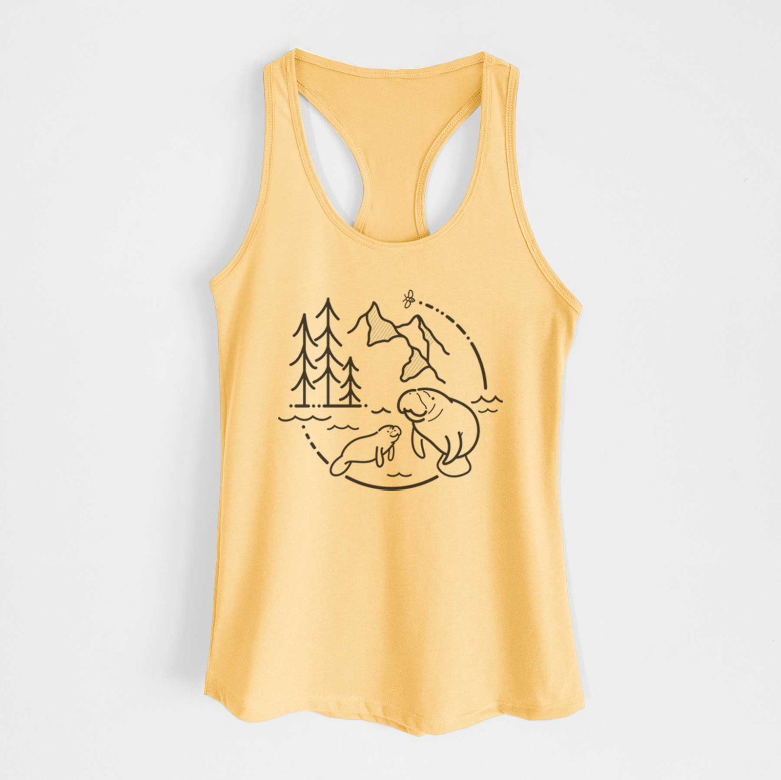 Banana cream women's racerback tank top laid flat, printed with a black line art circle connecting pine trees, mountains, a bee and two manatees swimming in water.
